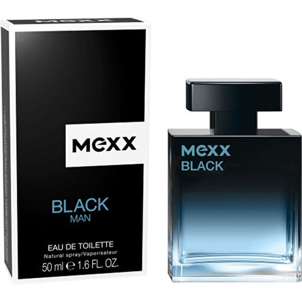 Flacone e confezione neri. Scritta: Mexx Black Man Eau de Toilette. 50 ml.