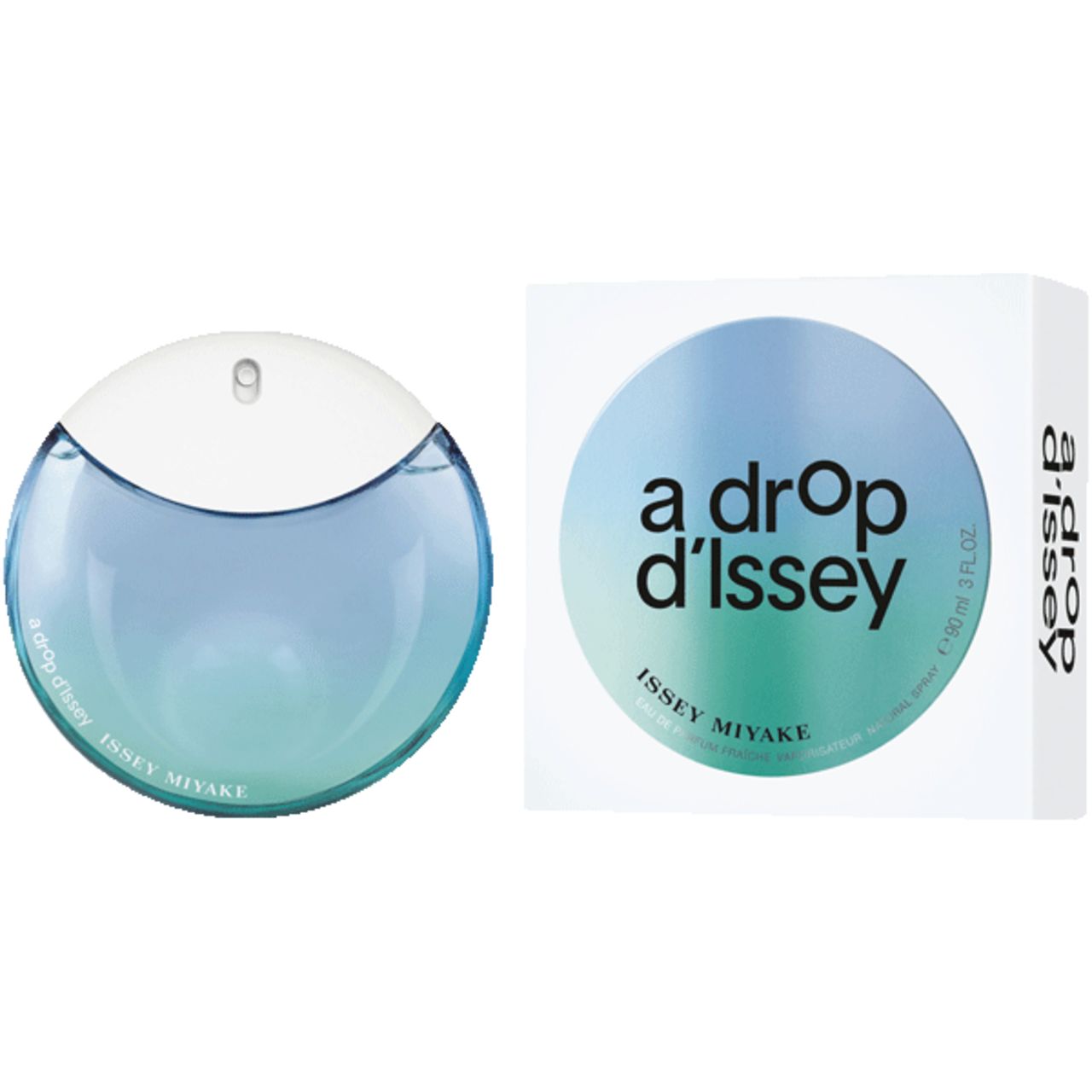Flacone rotondo e confezione. Flacone con tappo bianco, liquido blu. Confezione con scritta: a drop d'Issey, ISSEY MIYAKE.