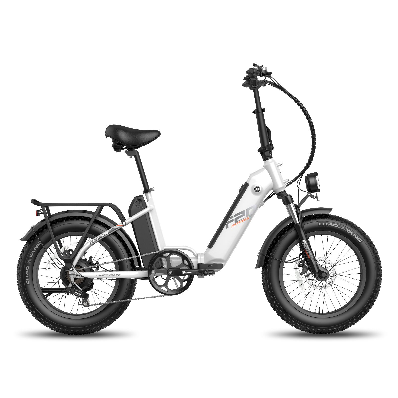 E-bike pieghevole bianca. Pneumatici neri, portapacchi. Logo F20 visibile. Sella e manubrio neri.