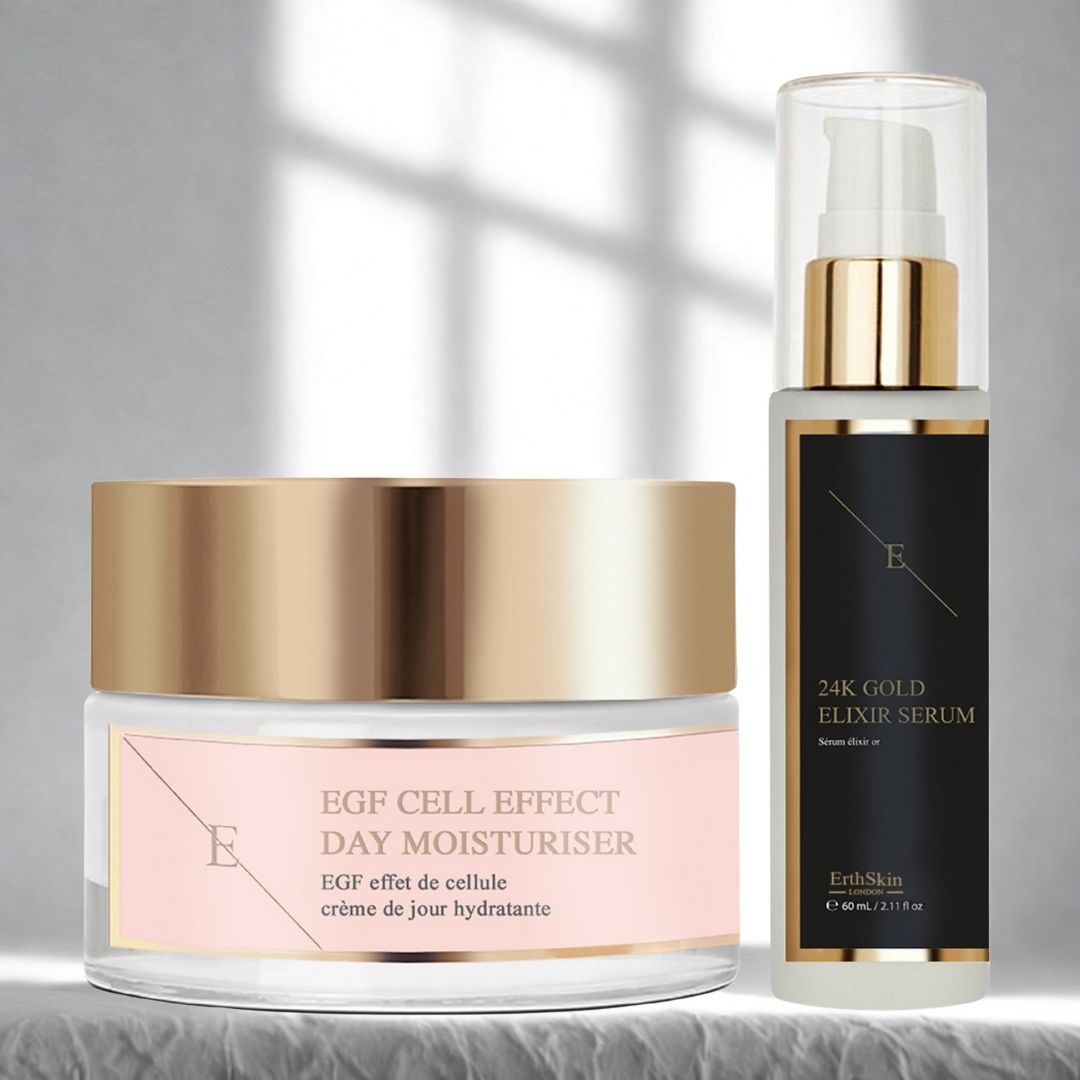Crema idratante giorno e siero. Crema con coperchio dorato ed etichetta rosa. Siero con etichetta nera e coperchio dorato.