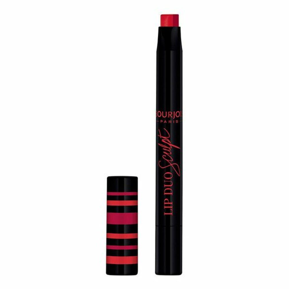 Duo rossetto con astuccio nero. Il cappuccio a strisce rosa e rosse è rimosso. Il rossetto è aperto, mostrando il colore rosso.