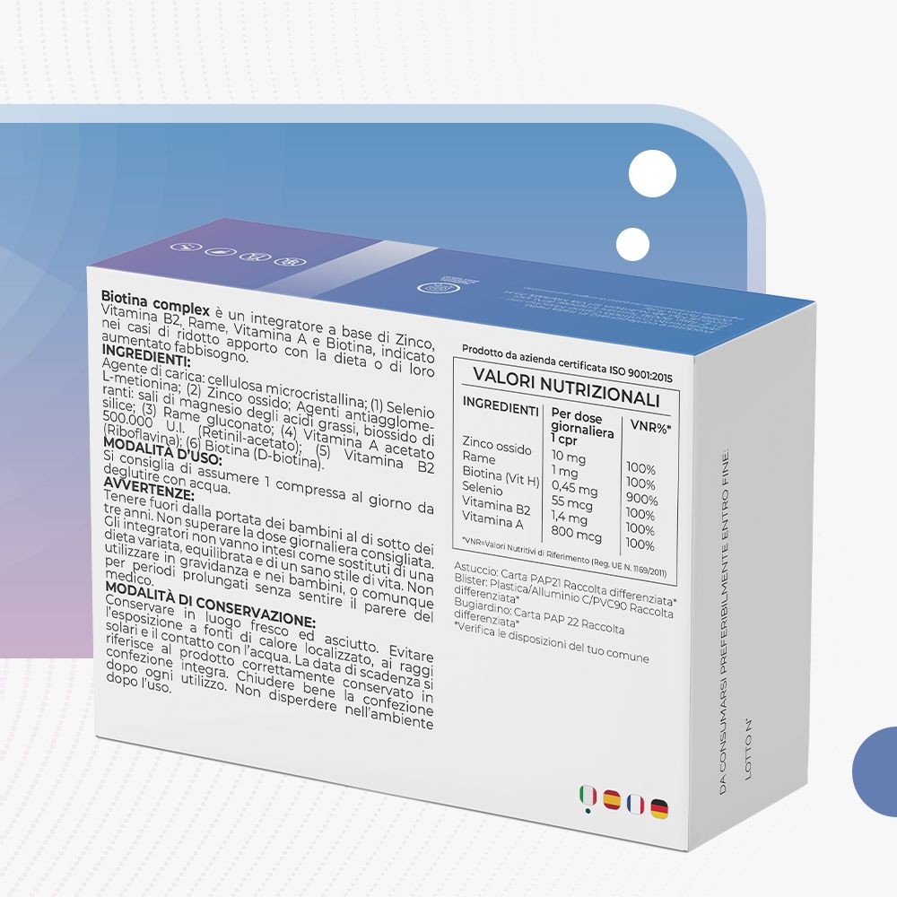 Confezione di Biotina Complex. Ingredienti, valori nutrizionali, istruzioni per l'uso. Certificazione ISO 9001.