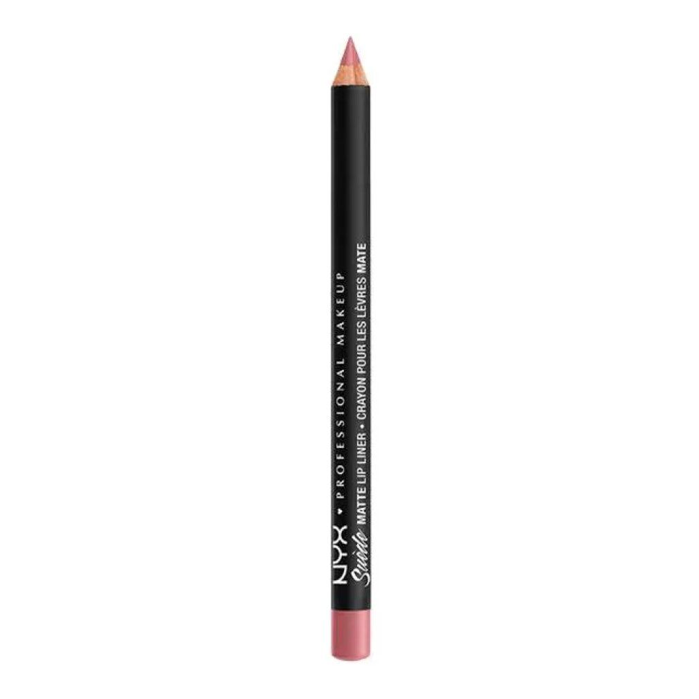 Matita labbra. Nera, punta rosa. Scritta: NYX PROFESSIONAL MAKEUP, SUEDE MATTE LIP LINER, CRAYON POUR LES LÈVRES MATE.