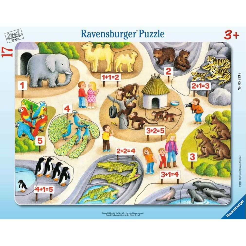 Puzzle con cornice con animali e numeri fino a 5. 17 pezzi. Qualità Ravensburger. Per bambini dai 3 anni.