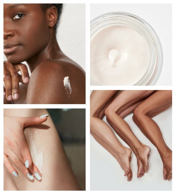Collage di quattro immagini. Crema sulla pelle, crema nel vasetto, gamba con crema, gambe.