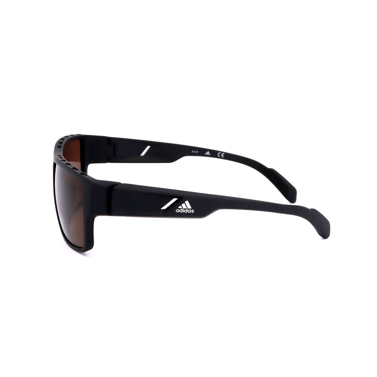 Occhiali da sole Adidas neri con lenti marroni e logo argentato.