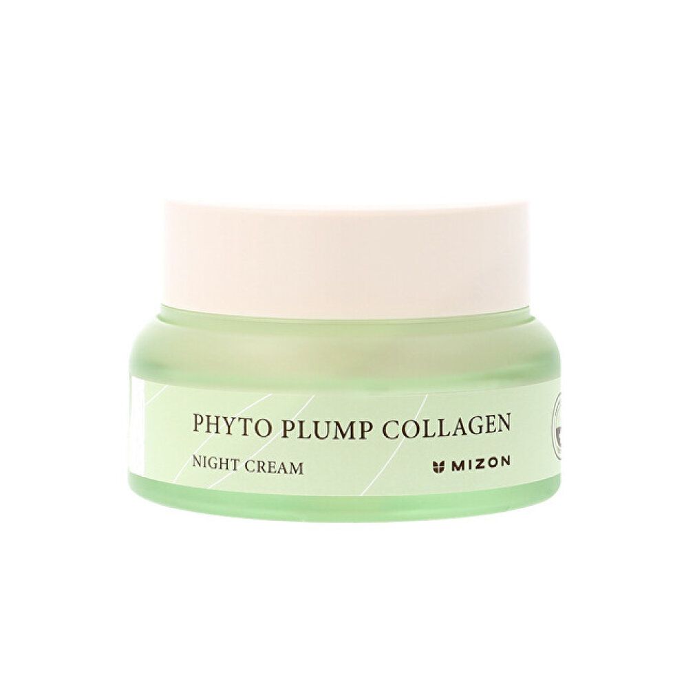 Vasetto di vetro verde con coperchio beige. Scritta: Phyto Plump Collagen Night Cream. Marchio: Mizon.