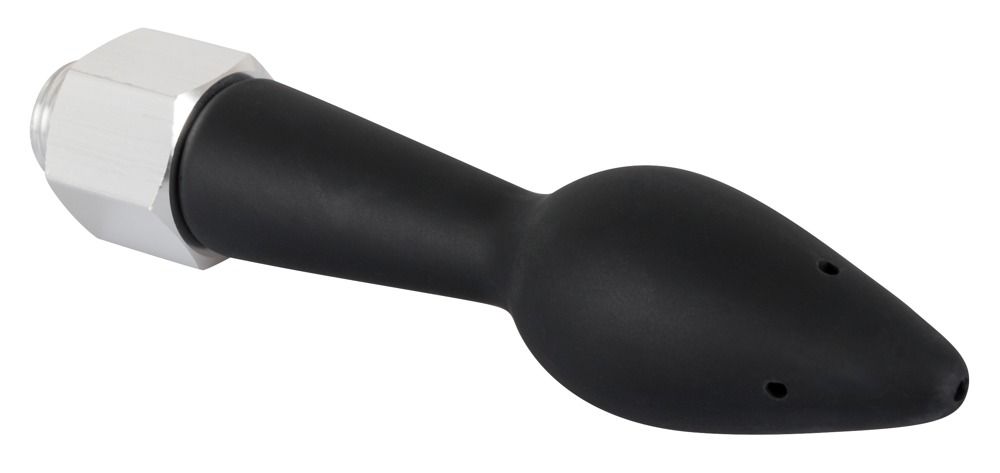 Plug anale nero con 5 fori. Con raccordo filettato e parte metallica argentata.