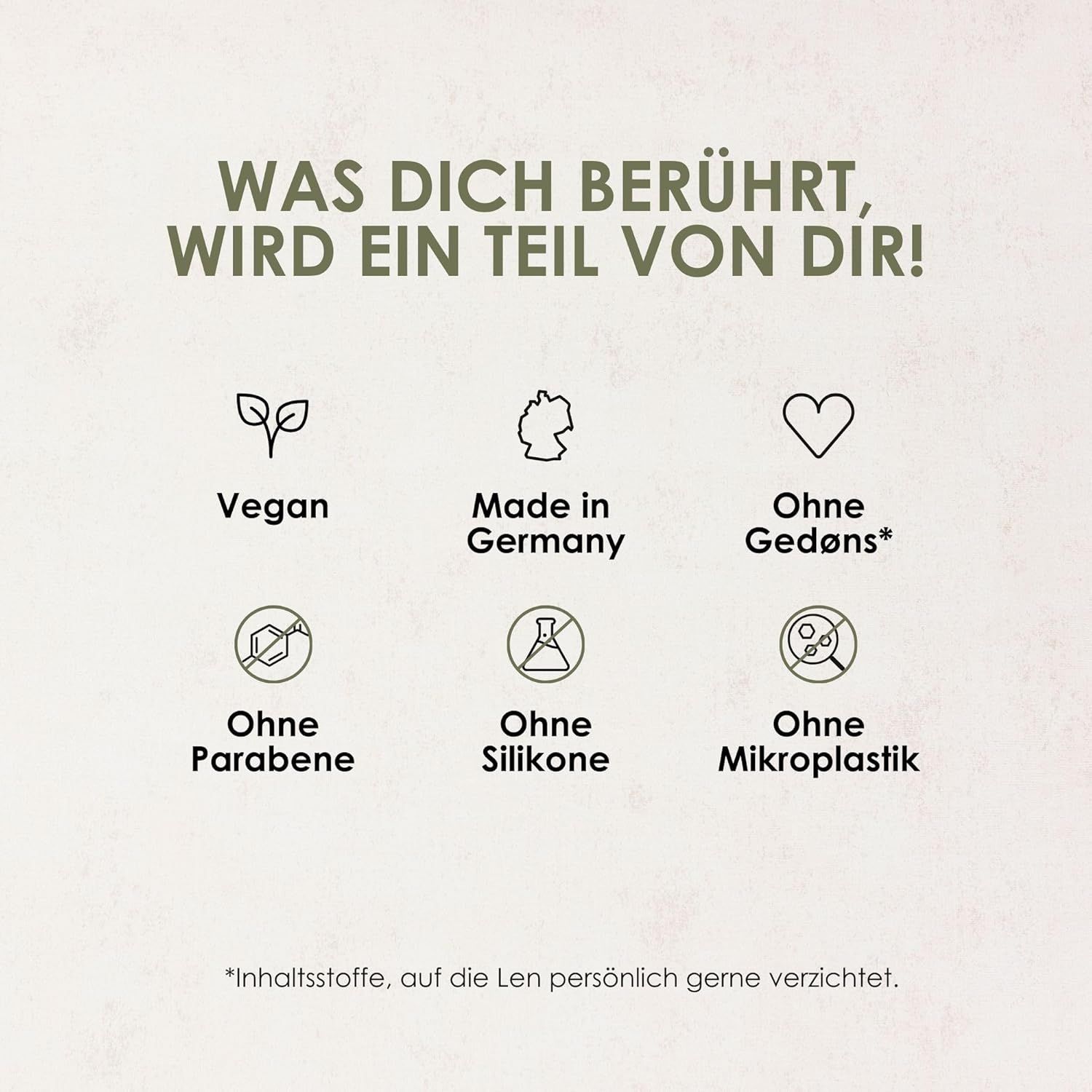 Icone: Vegano, Made in Germany, Senza Gedøns, Senza parabeni, Senza siliconi, Senza microplastiche.