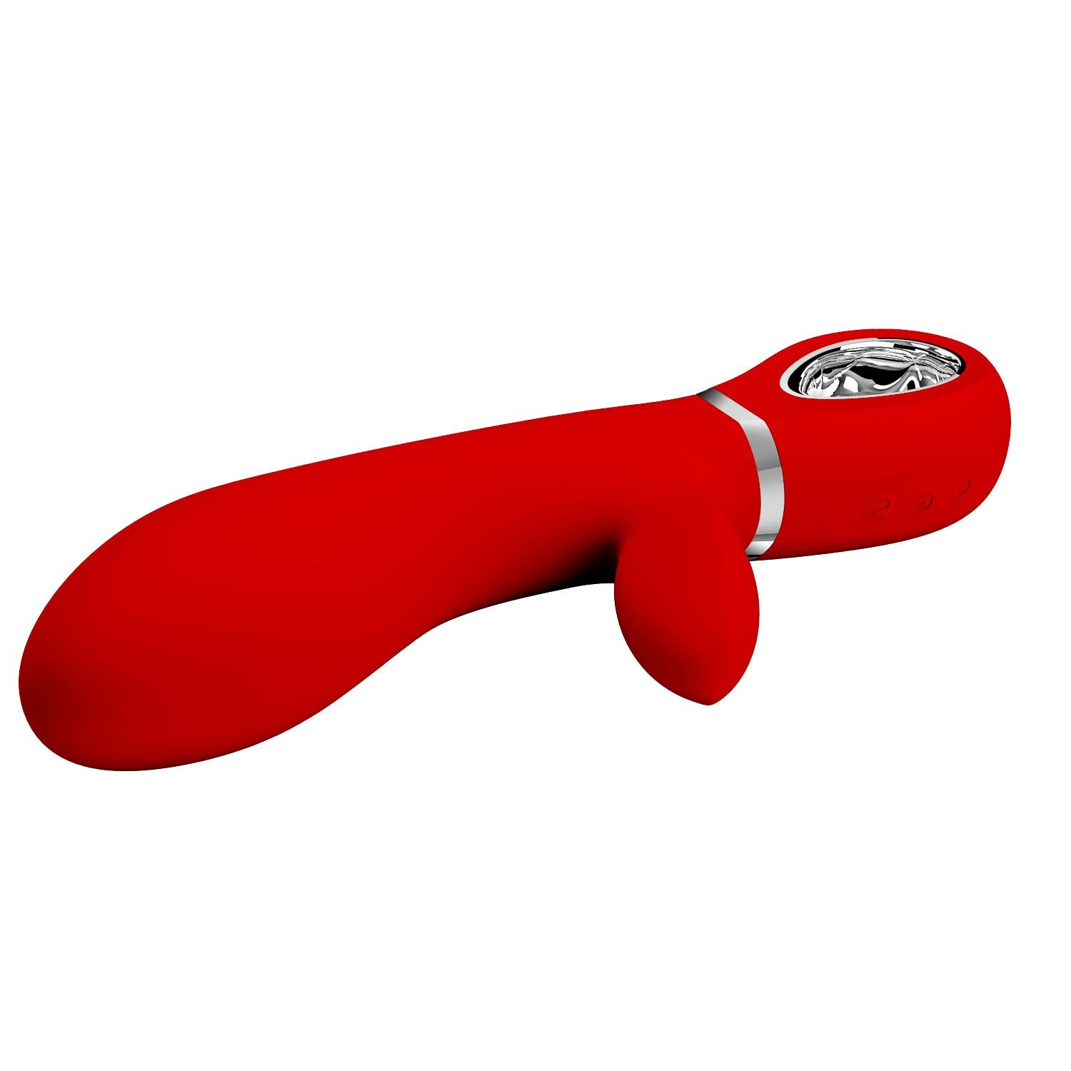 Vibratore rosso con design a coniglio. Anello argentato alla giunzione. Pulsanti di controllo.