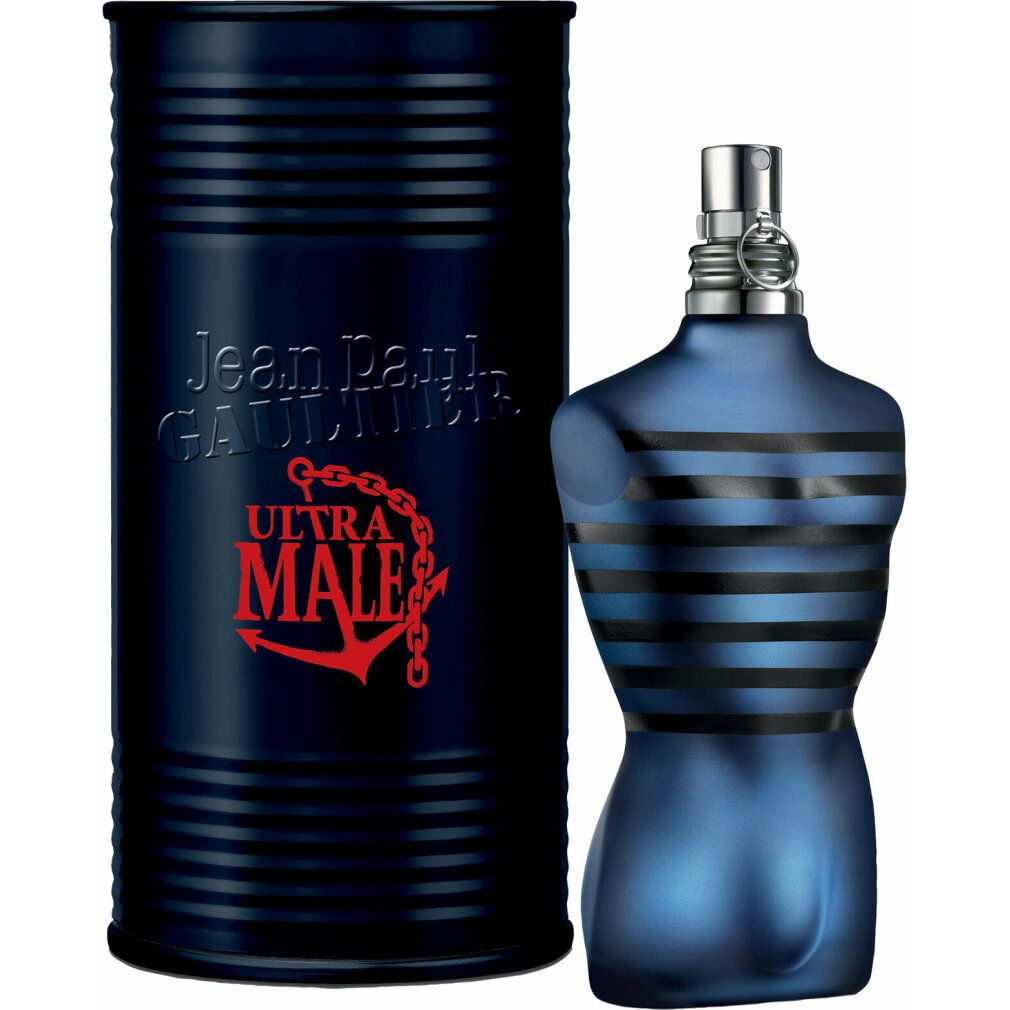 Flacone blu a forma di corpo maschile, accanto a scatola cilindrica con scritta Ultra Male. Su sfondo bianco.