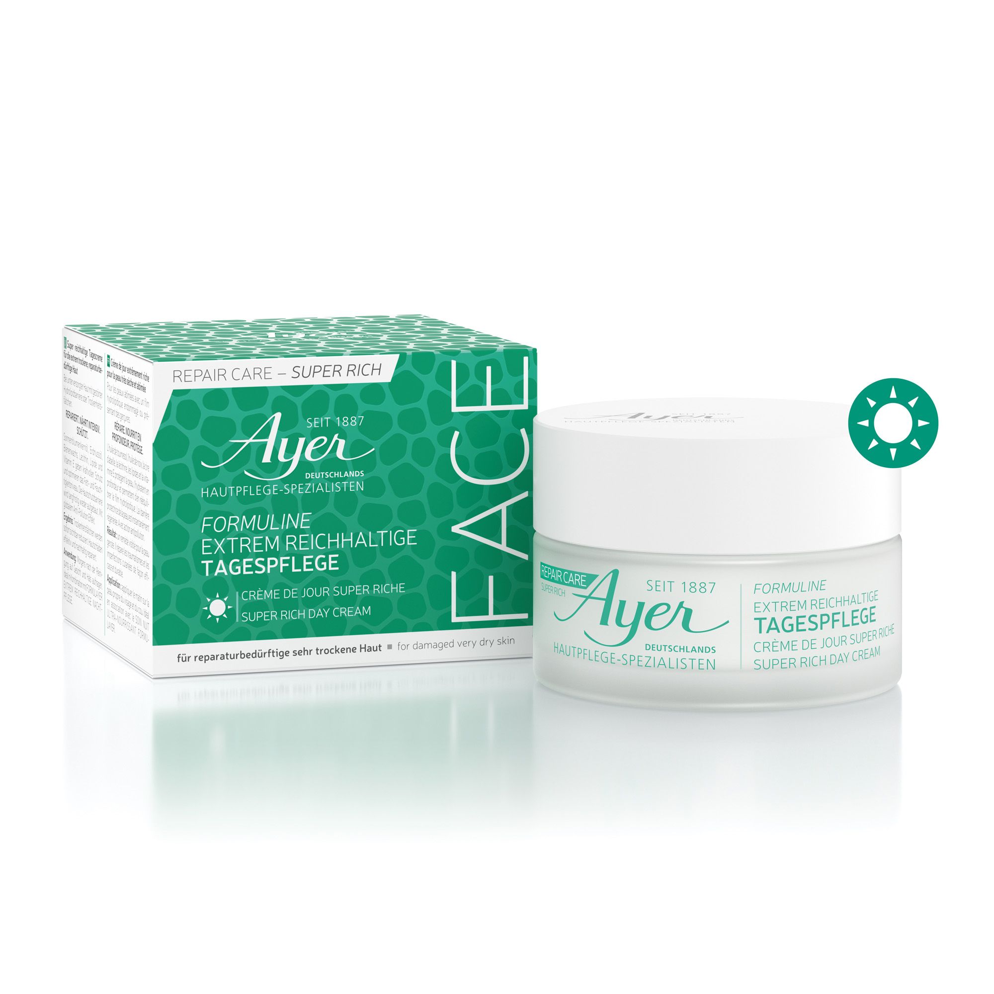 Ayer Harriet Hubbard Repair Care Formuline Super Rich Day Cream. Vasetto e scatola. Design verde e bianco. Testo: Formuline, crema giorno super ricca.