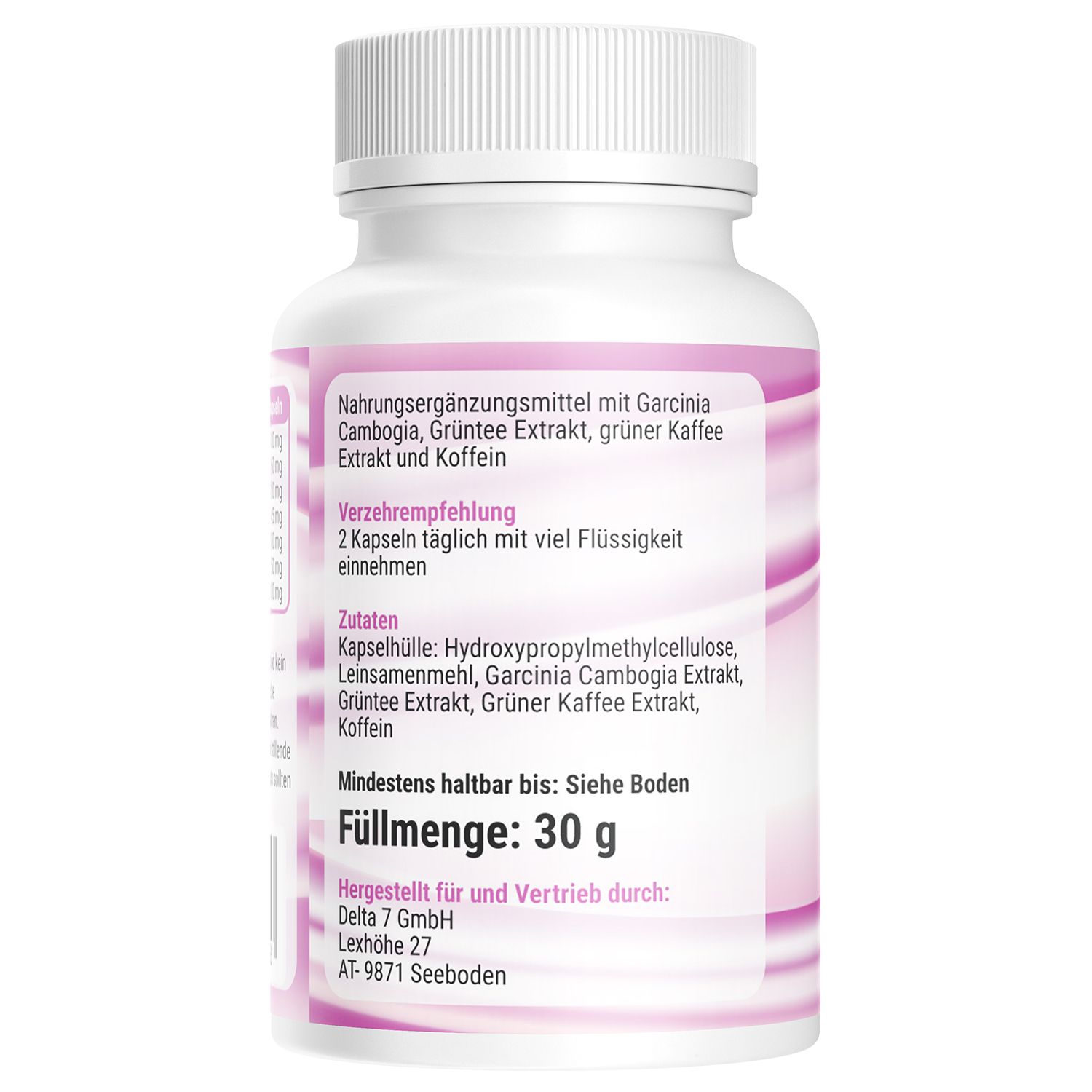 Retro di un flacone bianco. Testo: Integratore alimentare con Garcinia Cambogia, estratto di tè verde, estratto di caffè verde e caffeina. 30 g.