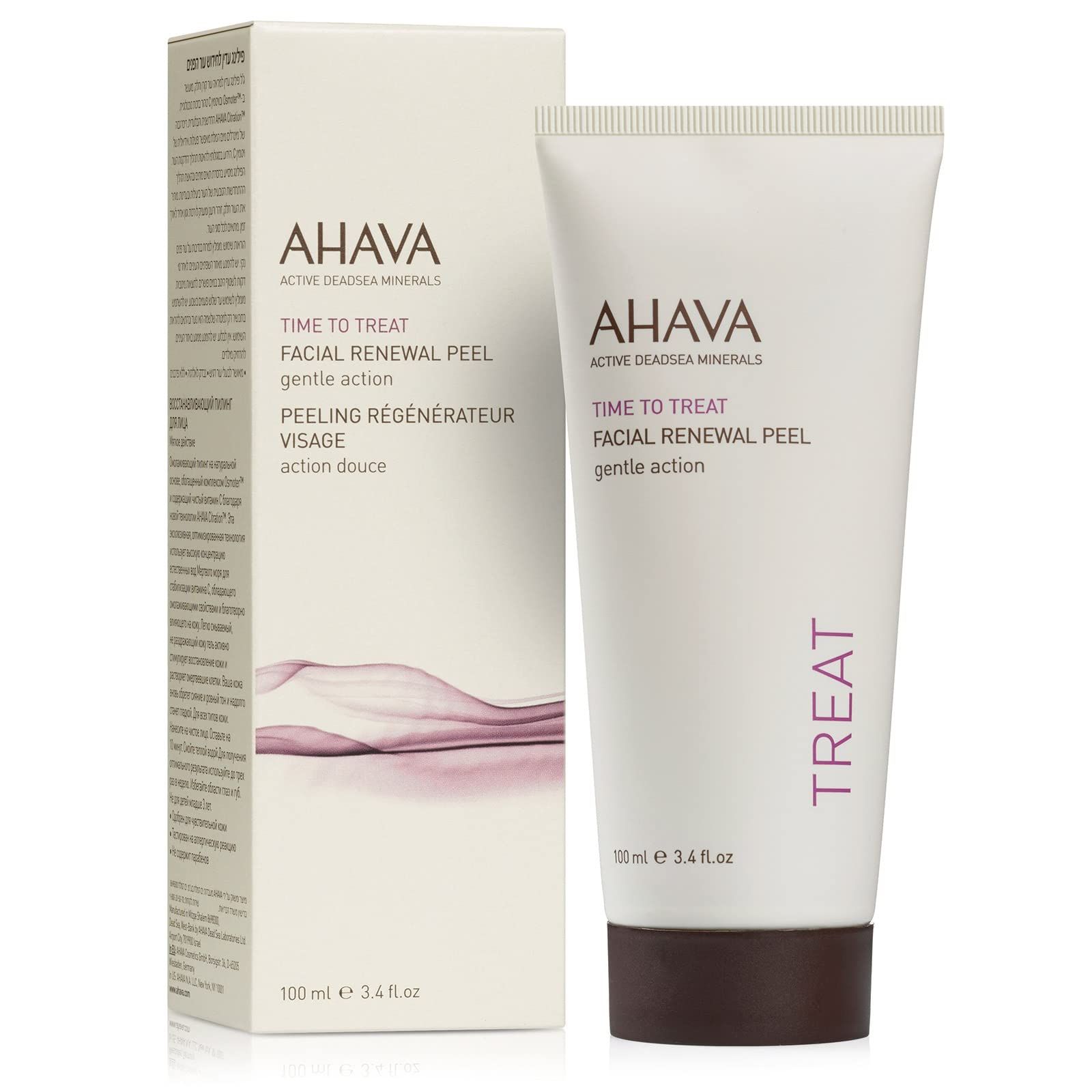 Prodotto Ahava. Tubo e confezione. Scritta: Time to Treat Facial Renewal Peel. 100 ml. Con la scritta Treat.