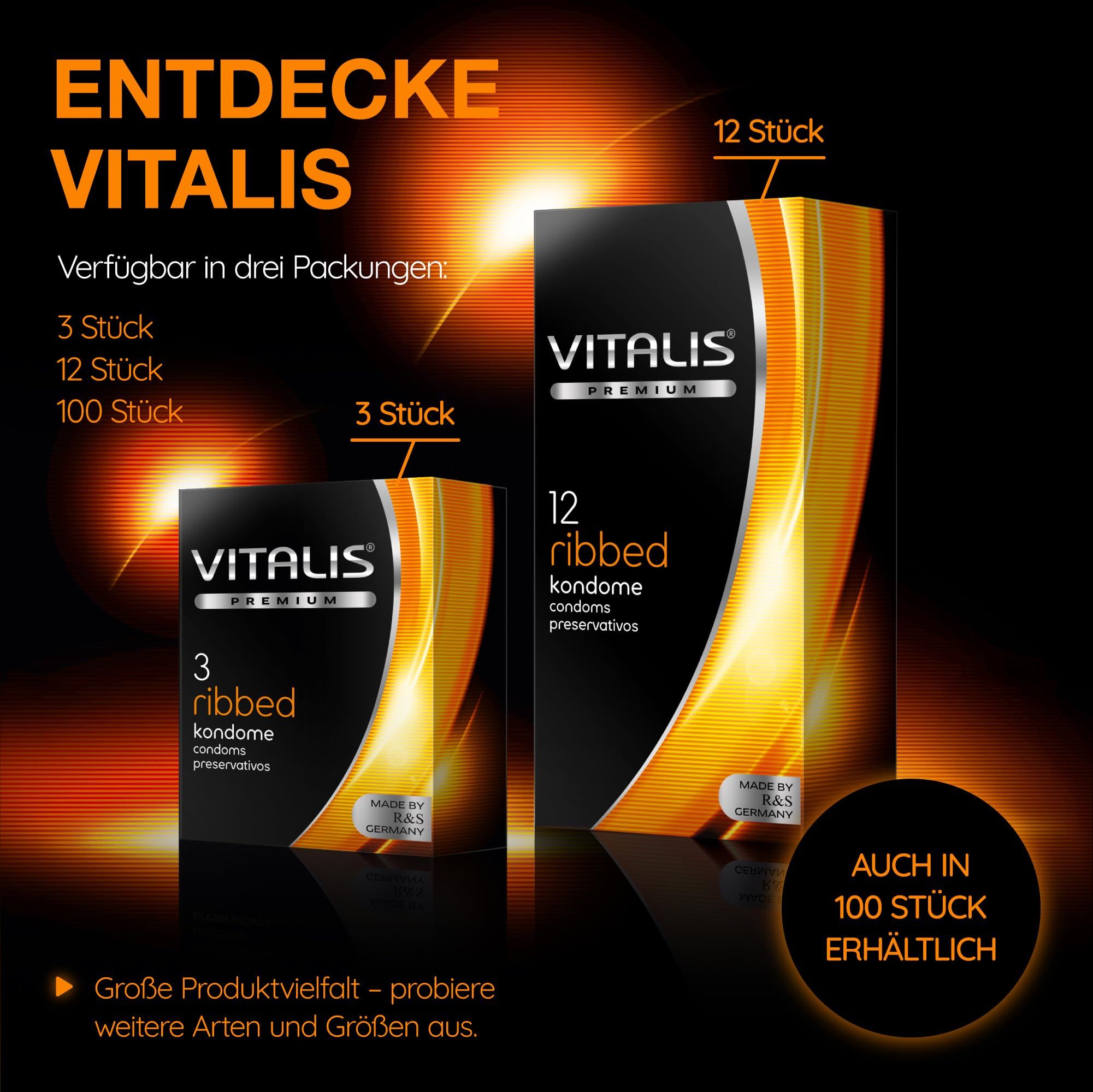 Preservativi Vitalis: Confezioni da 3, 12 e 100 pezzi. Disponibili anche in confezioni da 100.