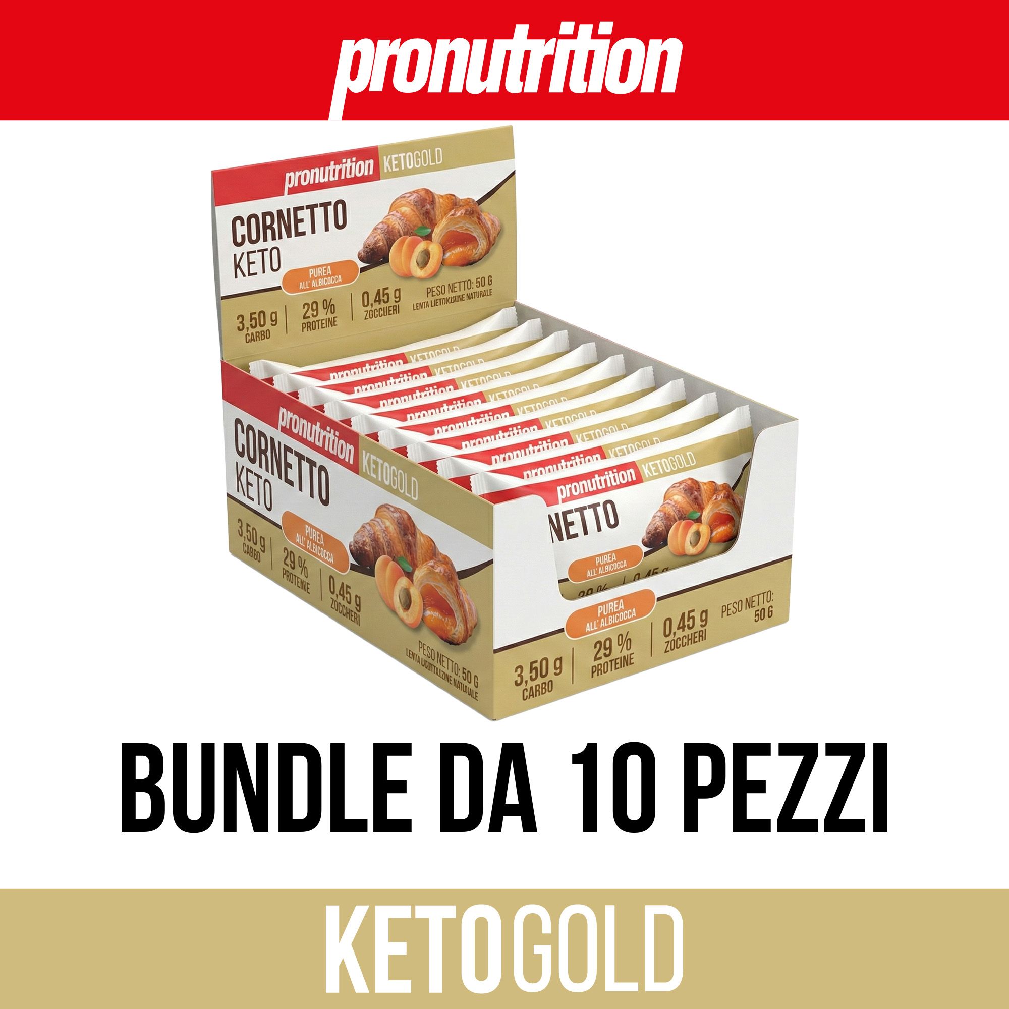 Confezione da 10 Cornetto Keto. Scritta: Bundle da 10 pezzi. Logo KetoGold.