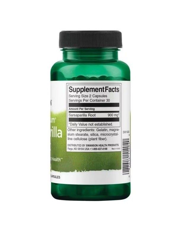 Retro di un flacone verde con tappo nero. Scritta: SWANSON Sarsaparilla Root. Informazioni nutrizionali.