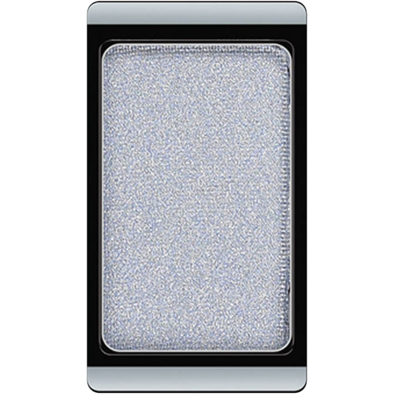 Ombretto argentato in un contenitore rettangolare. Cornice nera, coperchio argentato.