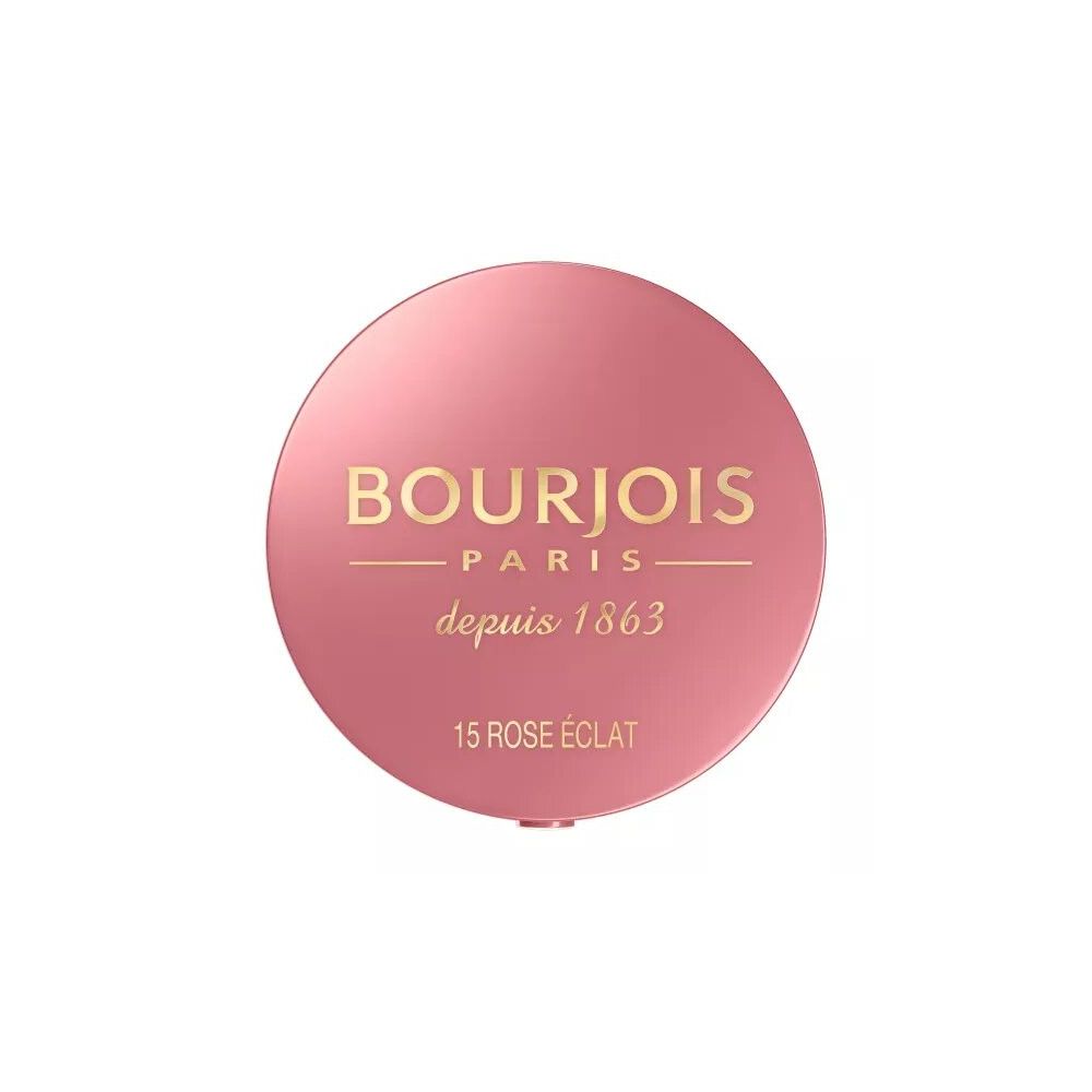 Contenitore rotondo rosa con scritta dorata. Scritta: BOURJOIS PARIS, depuis 1863, 15 ROSE ÉCLAT.