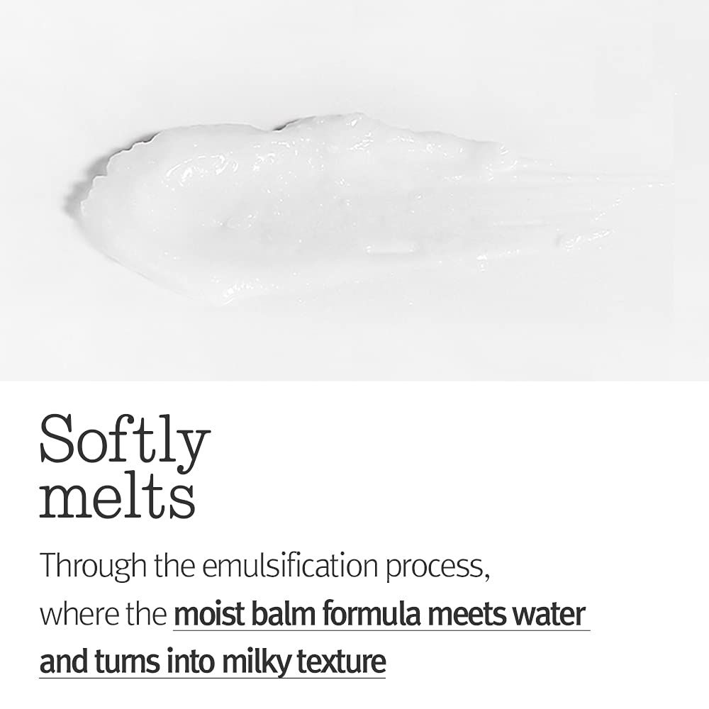 Balsamo bianco spalmato su sfondo bianco. Testo: Softly melts. Attraverso il processo di emulsione.