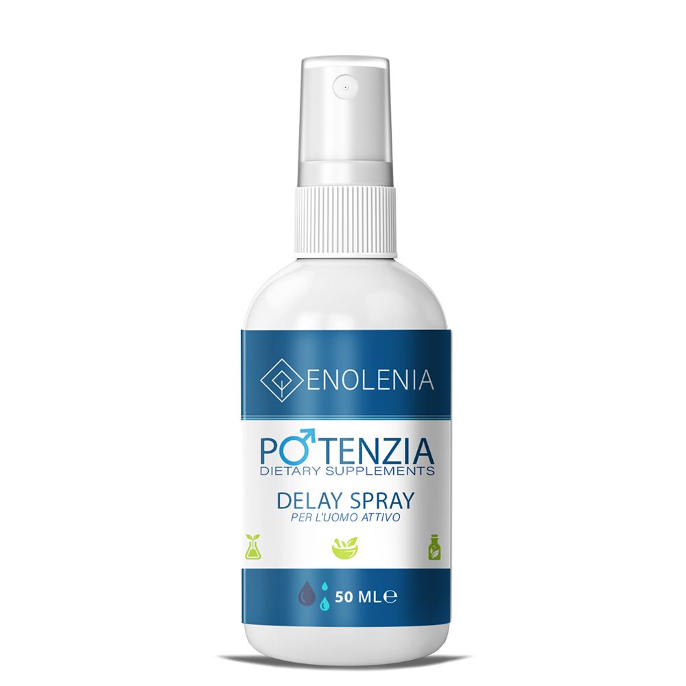Flacone spray bianco con etichetta blu. Enolenia, Potenzia Delay Spray. 50 ml. Con erogatore.
