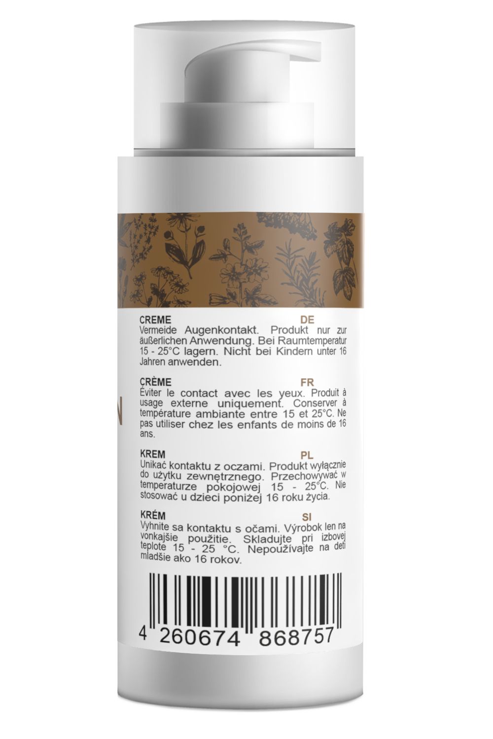 Flacone di crema con dosatore. Scritte: Crema, DE, FR, PL, SI. Etichetta marrone con motivo floreale. Sfondo bianco.