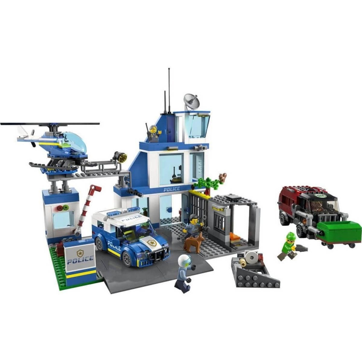 LEGO City stazione di polizia con veicoli e personaggi. Stazione di polizia, elicottero, camion della spazzatura e auto della polizia. Personaggi e accessori.