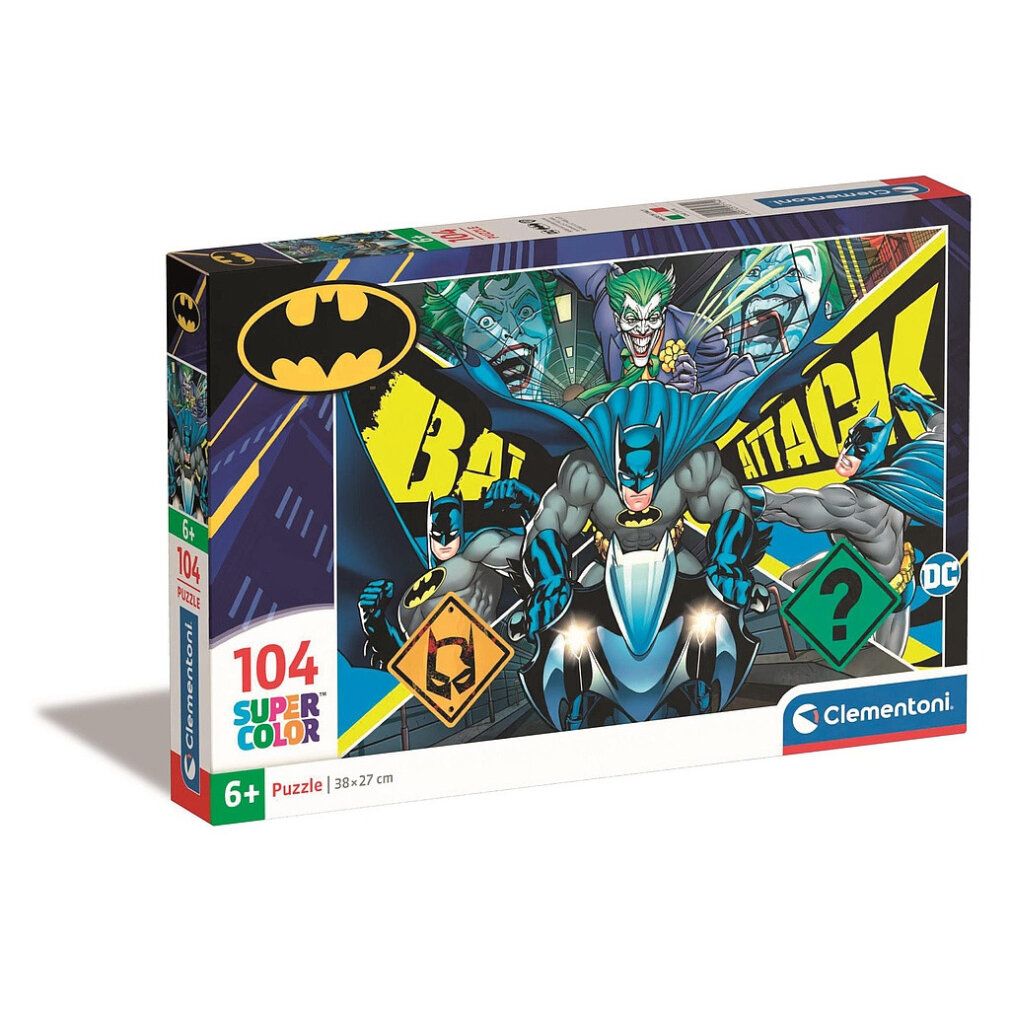 Clementoni Puzzle Batman, 104 pezzi. Confezione con motivo Batman, logo Batman, volti di Joker e scritta "BAT ATTACK".