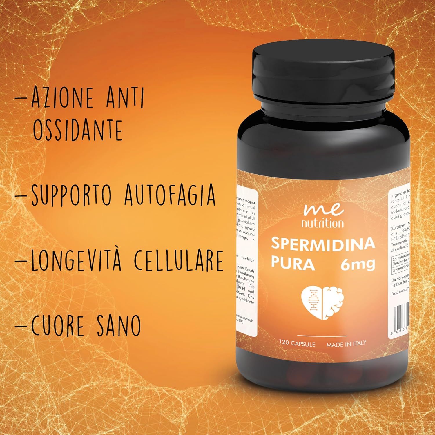 Flacone marrone con capsule. Testo: Spermidina Pura 6mg. Vantaggi: antiossidante, supporta l'autofagia, longevità cellulare, cuore sano.