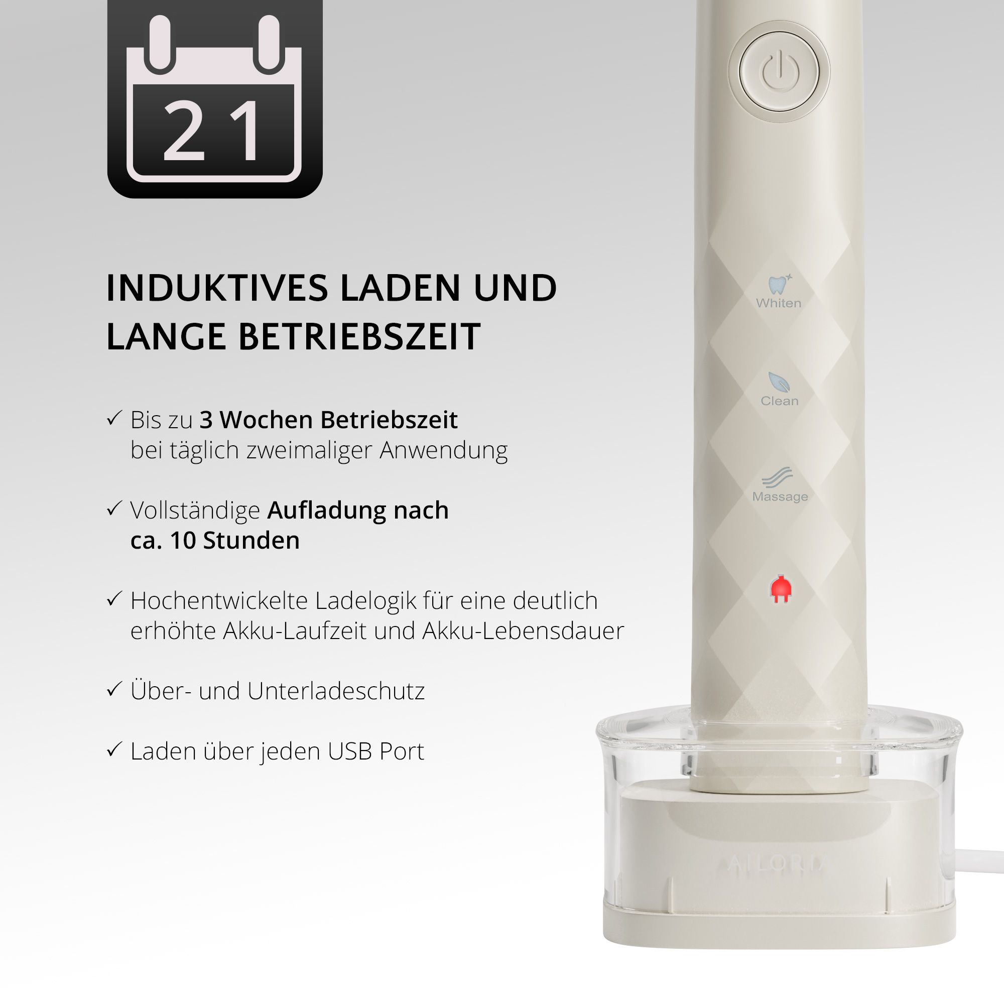 Spazzolino sulla base di ricarica. Ricarica a induzione, lunga durata. LED rosso acceso. Testo in tedesco.