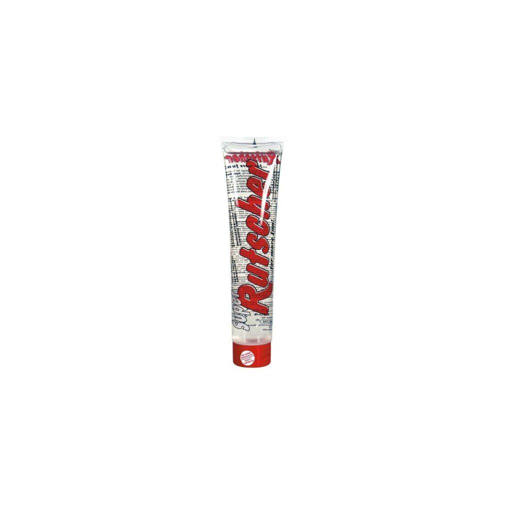 Tubo con scritta rossa "Rutscher". Liquido trasparente visibile. Tappo rosso.