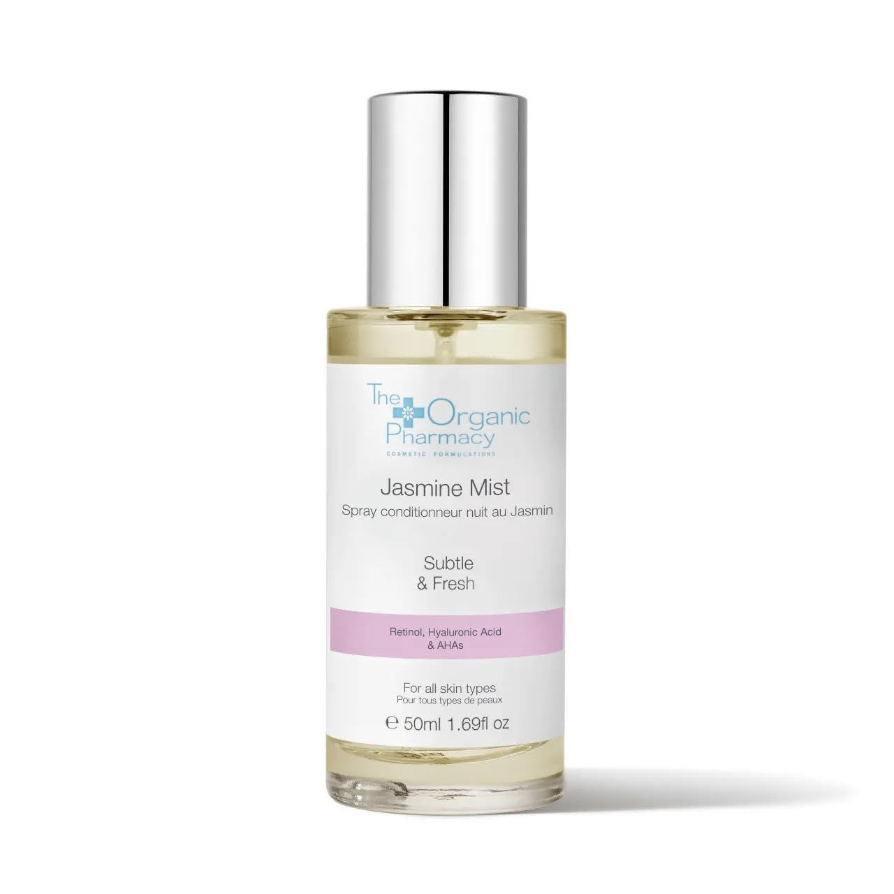 Flacone in vetro trasparente con tappo argentato. Etichetta rosa con testo. Marchio: The Organic Pharmacy.