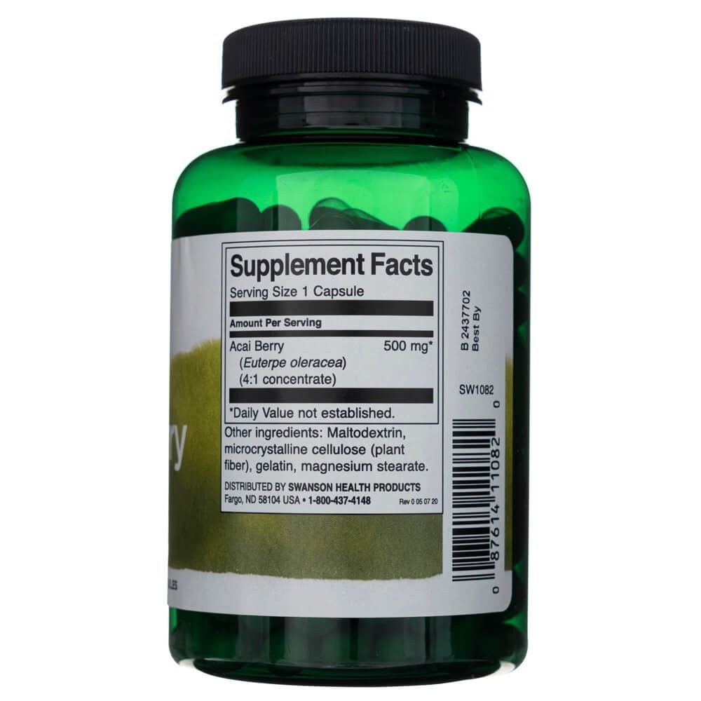 Retro di un flacone verde con informazioni nutrizionali Swanson Acai Berry, 500 mg per capsula.
