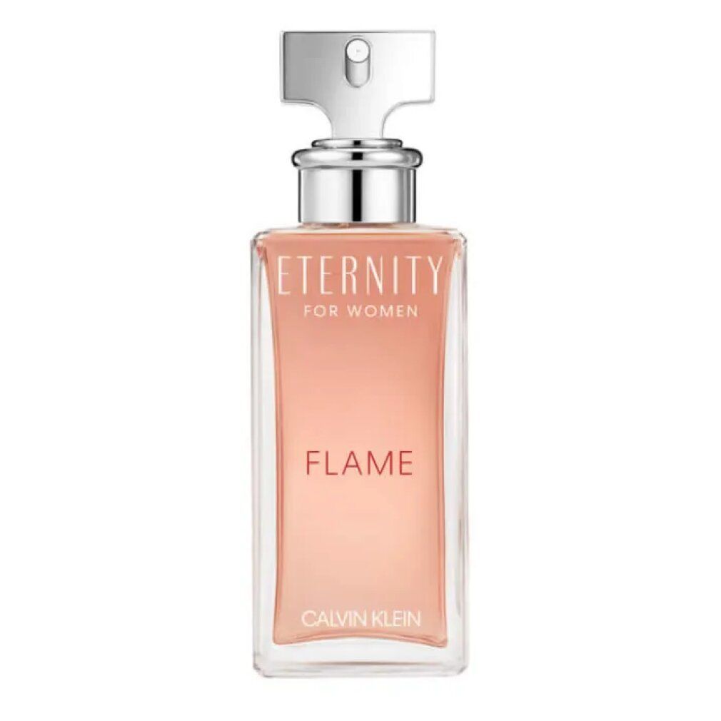 Flacone Eternity Flame. Bottiglia di vetro rettangolare con tappo argentato. Liquido rosa visibile.
