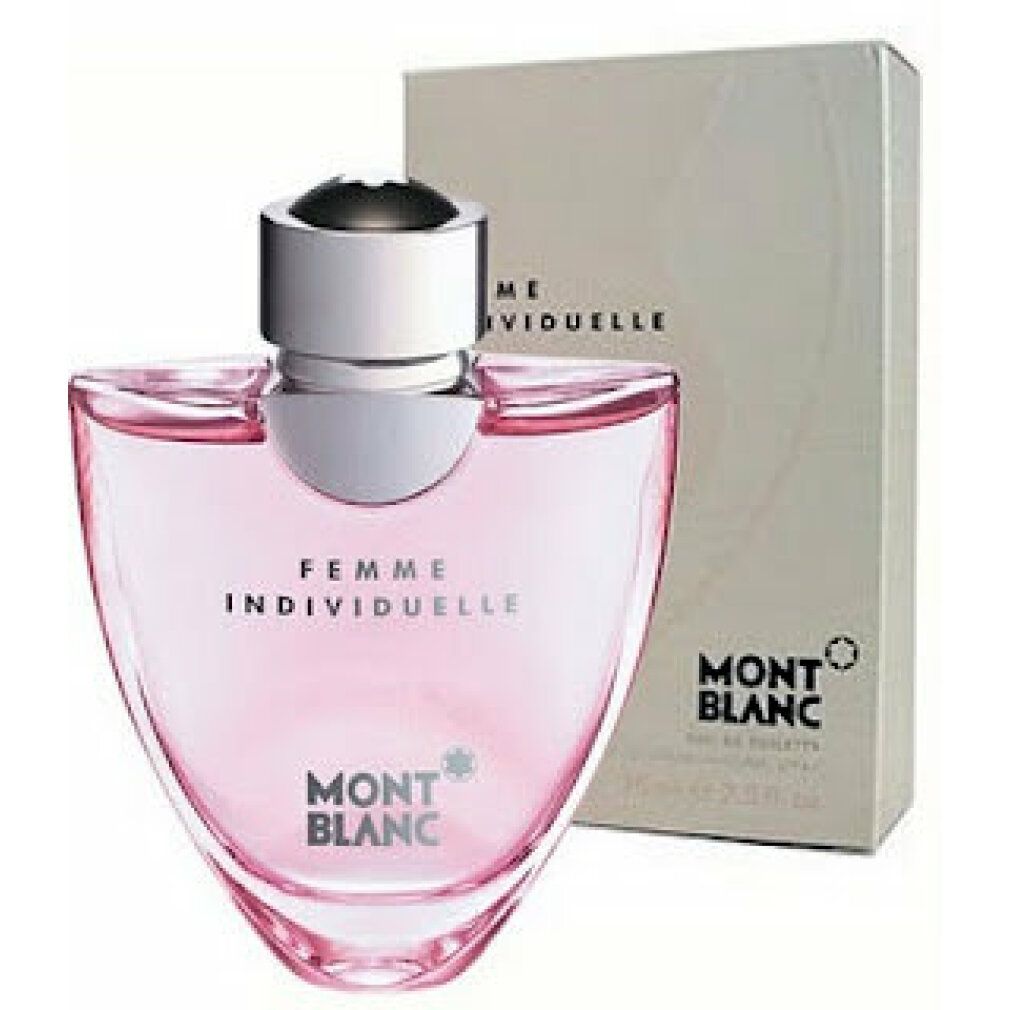 Flacone di profumo e confezione. Flacone rosa, tappo argentato. Scritta FEMME INDIVIDUELLE e logo MONTBLANC.