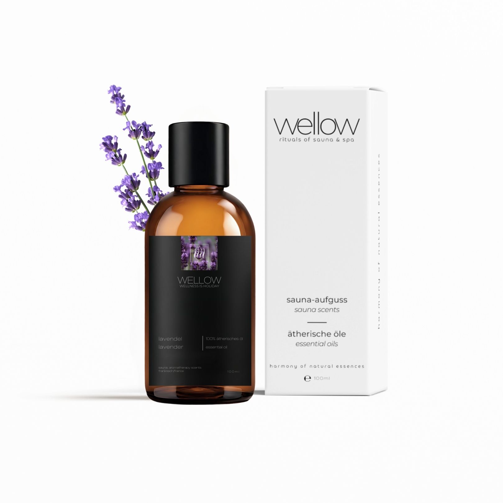 Flacone di vetro marrone e scatola con logo "Wellow" e rametto di lavanda. Scritta: Olio essenziale di lavanda.
