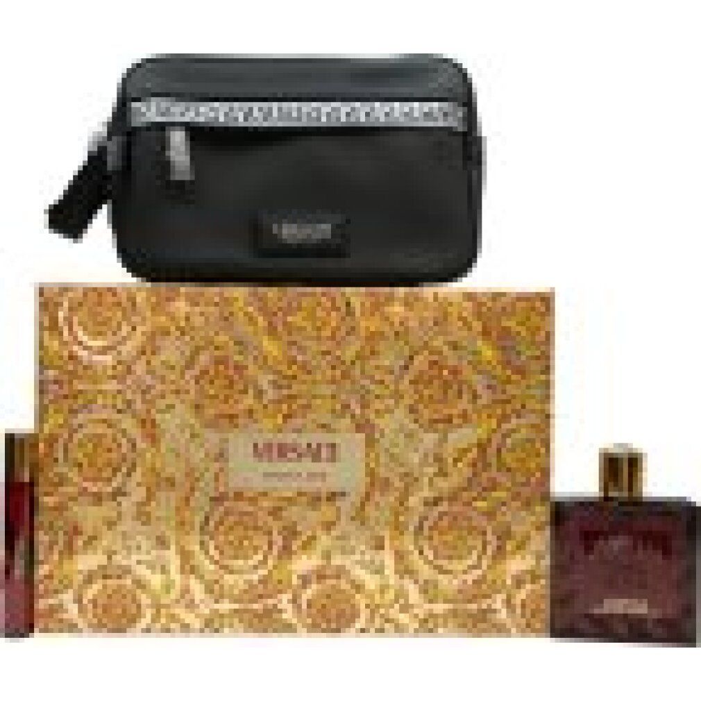Confezione regalo, pochette, flacone e roll-on. Testo: Versace Eros Flame. Scatola dorata.