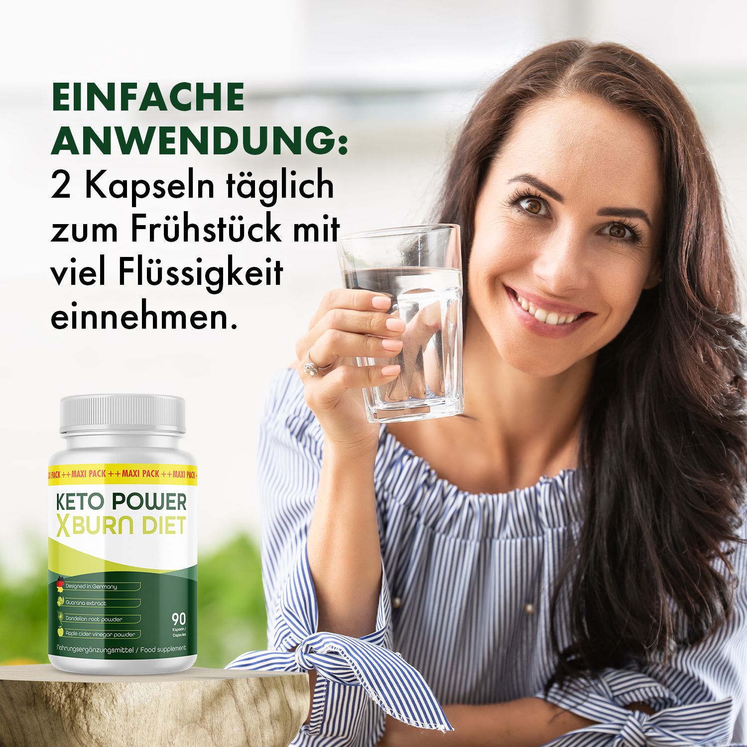 Donna tiene bicchiere d'acqua. Accanto, flacone di capsule Keto Power X Burn Diet. Testo: Assumere 2 capsule al giorno a colazione con molto liquido.