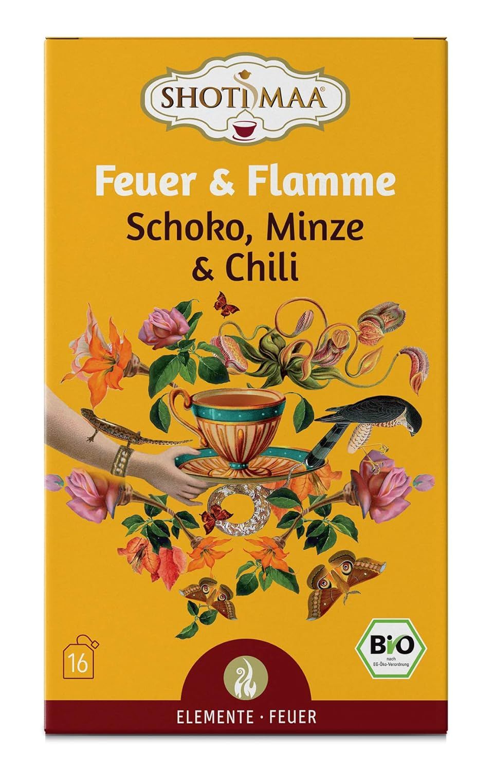 Tè Shoti Maa 5 Elementi Fuoco & Fiamma Cioccolato, Menta & Peperoncino confezione da 16 bustine. Sigillo Bio e simbolo Elemento Fuoco.