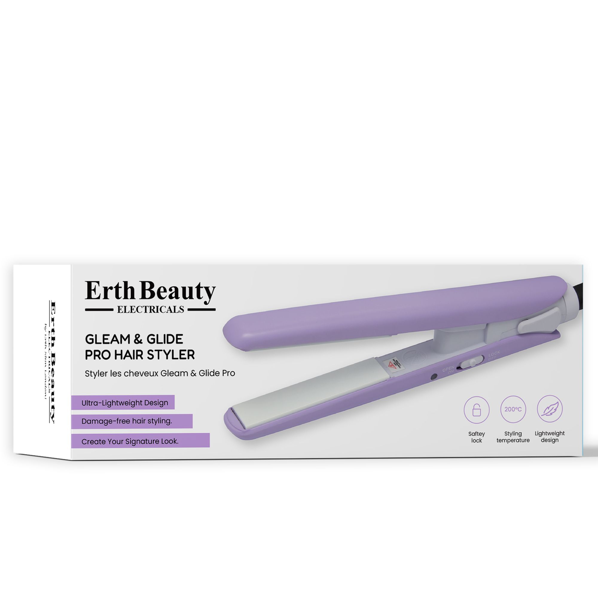 Piastra per capelli nella confezione. Erth Beauty, Gleam & Glide Pro Hair Styler. Lilla e bianco. Design ultraleggero, styling senza danni.