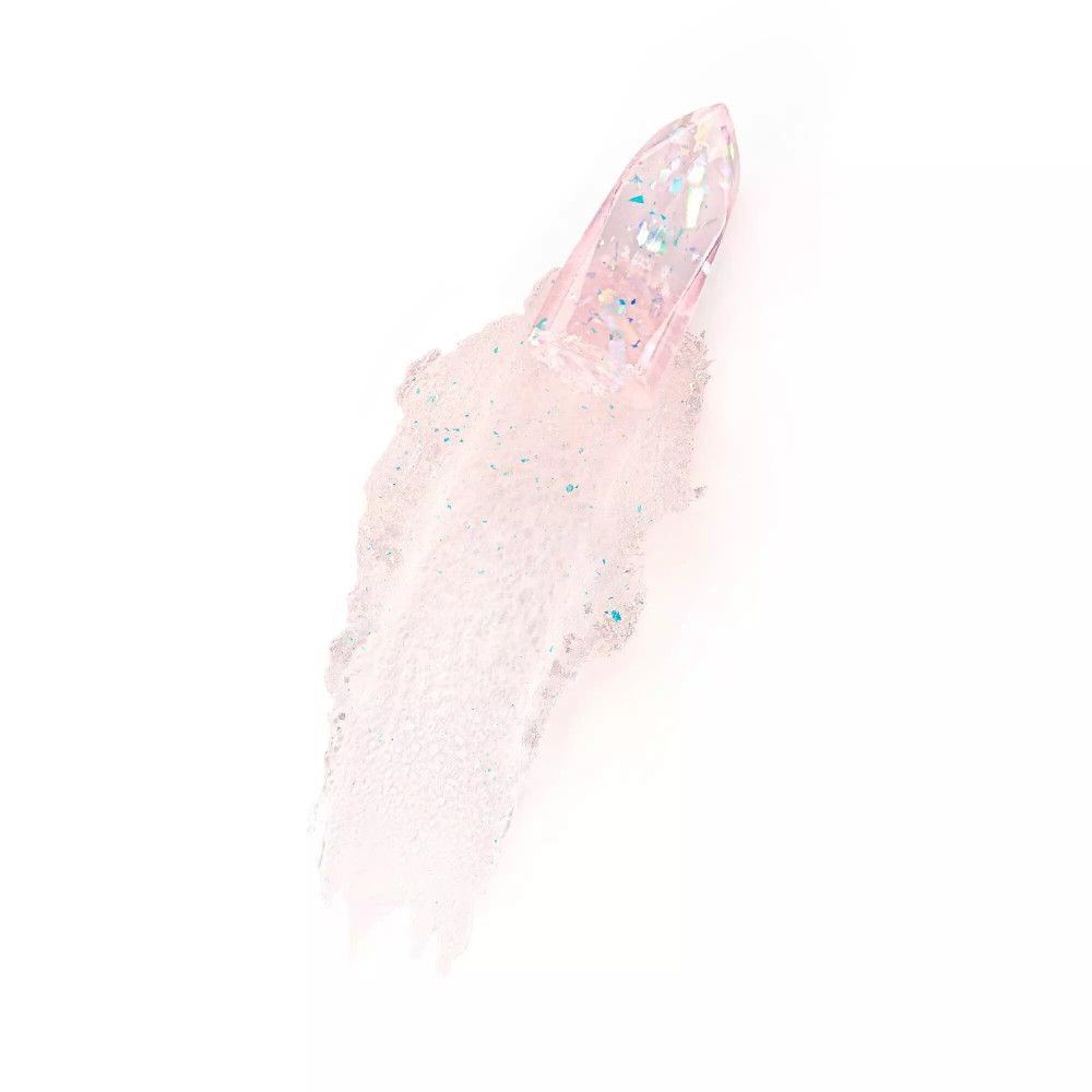 Campione di rossetto a cambio colore. Tonalità rosa con particelle scintillanti. Testa di rossetto trasparente.