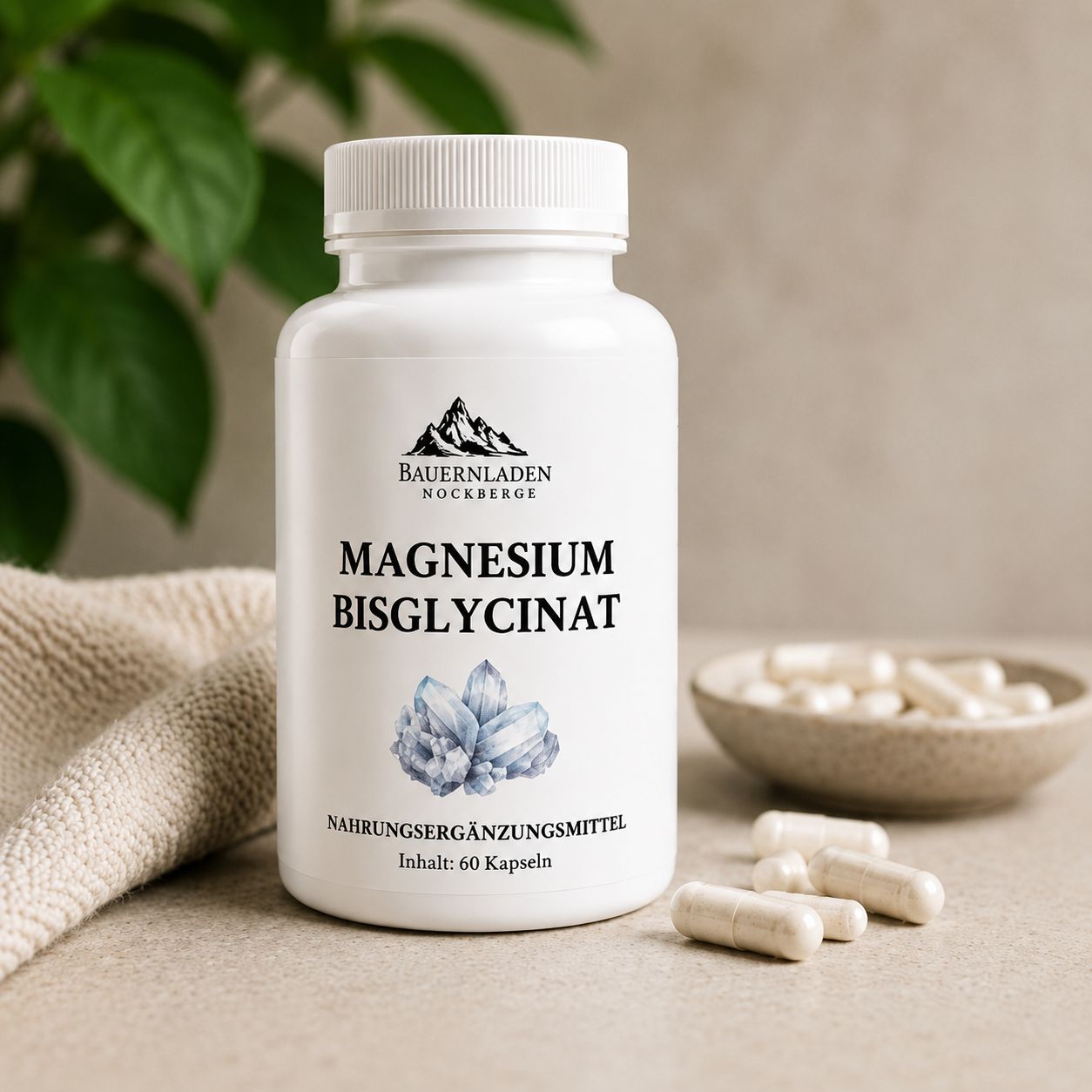 Barattolo di Magnesio Bisglicinato, capsule, asciugamano e ciotola con capsule.