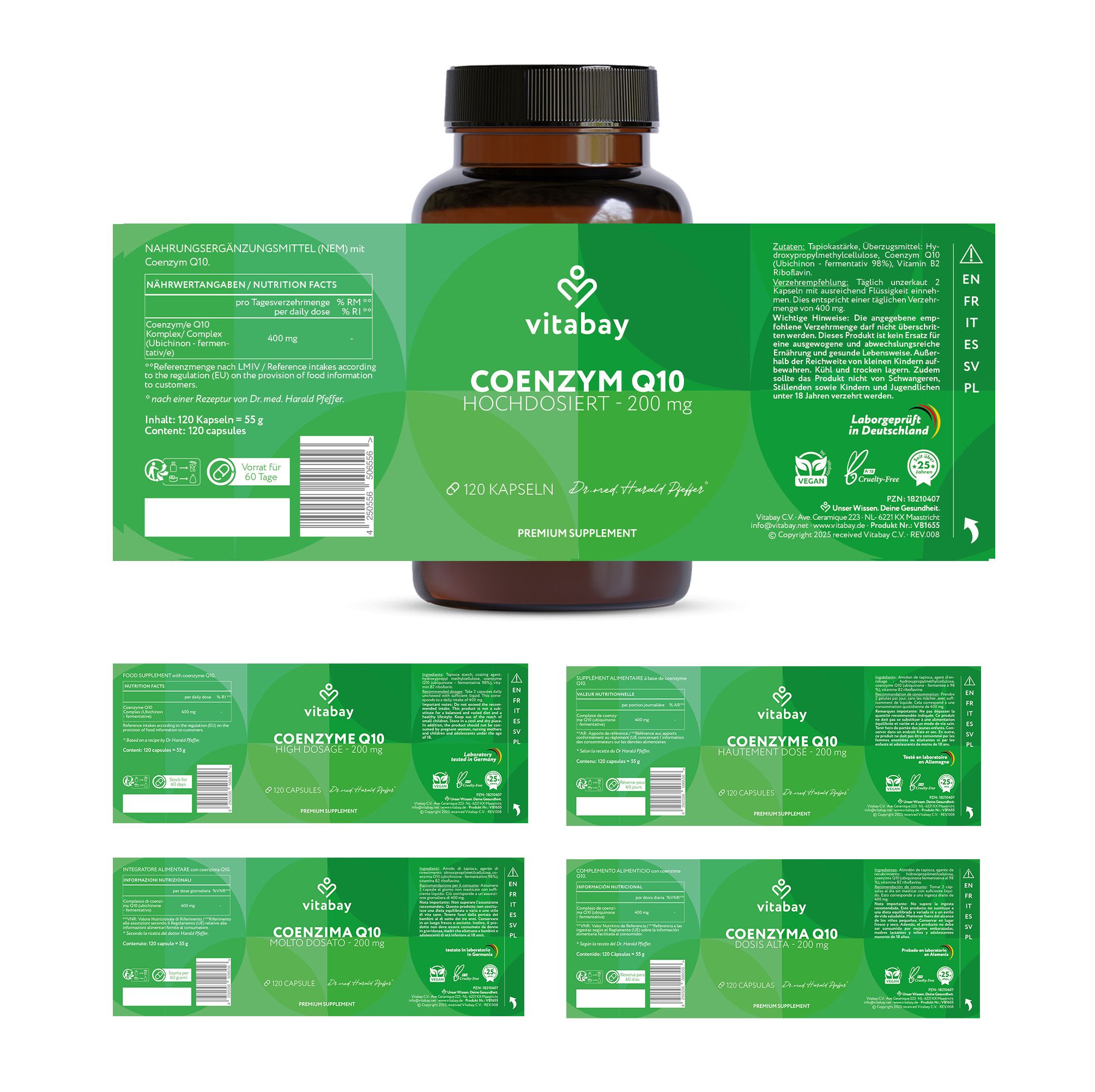 Una bottiglia marrone con etichetta verde. Diverse etichette sono accanto. L'etichetta indica Vitabay Coenzym Q10 200mg.