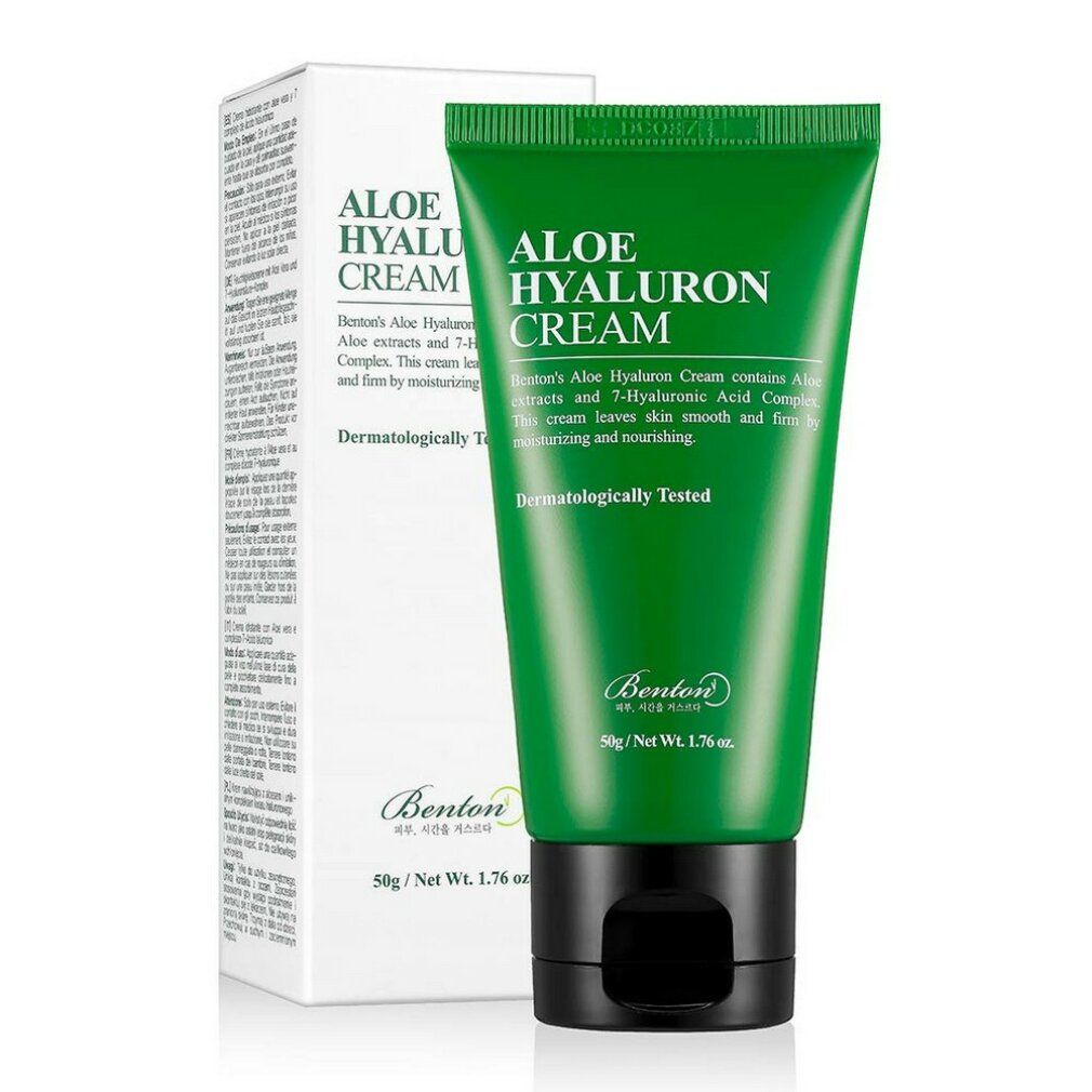 Tubo verde Aloe Hyaluron Cream e confezione bianca. Testo: Dermatologicamente testato. Marchio Benton.