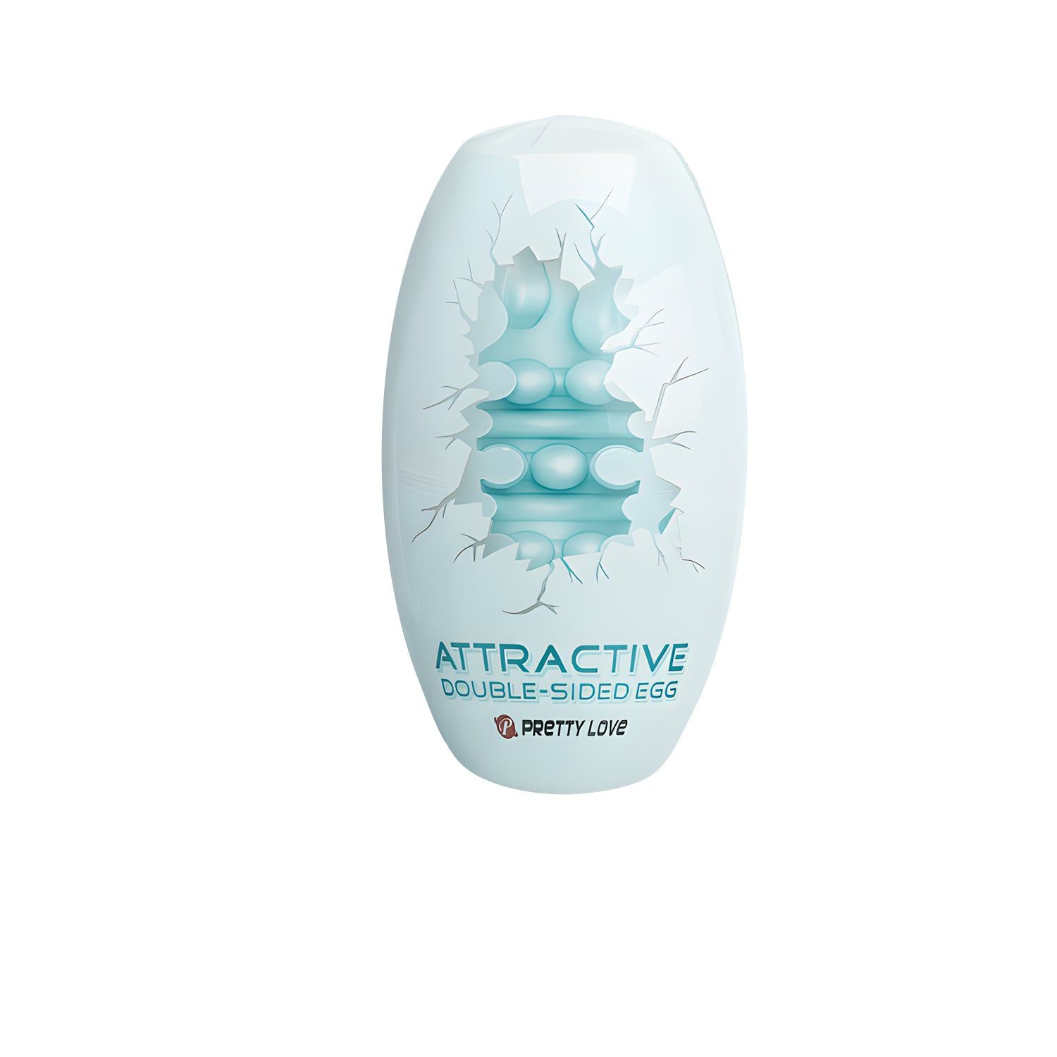 Prodotto a forma di uovo, blu chiaro, superficie ondulata. Scritta: ATTRACTIVE DOUBLE-SIDED EGG, PRETTY LOVE. Con coperchio.