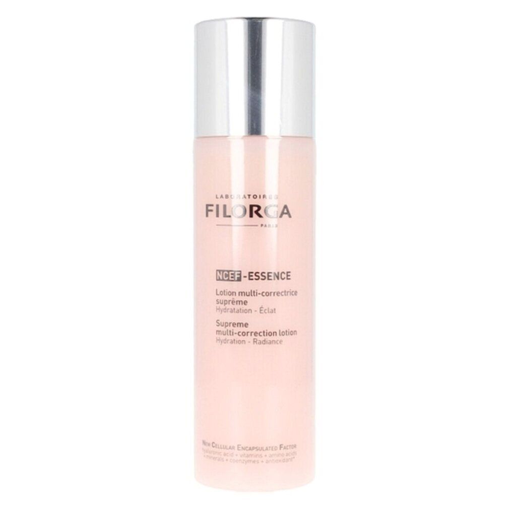 Flacone rosa con tappo argentato. Scritta: Filorga NCEF-Essence. Supreme Multi-Correction Lotion.