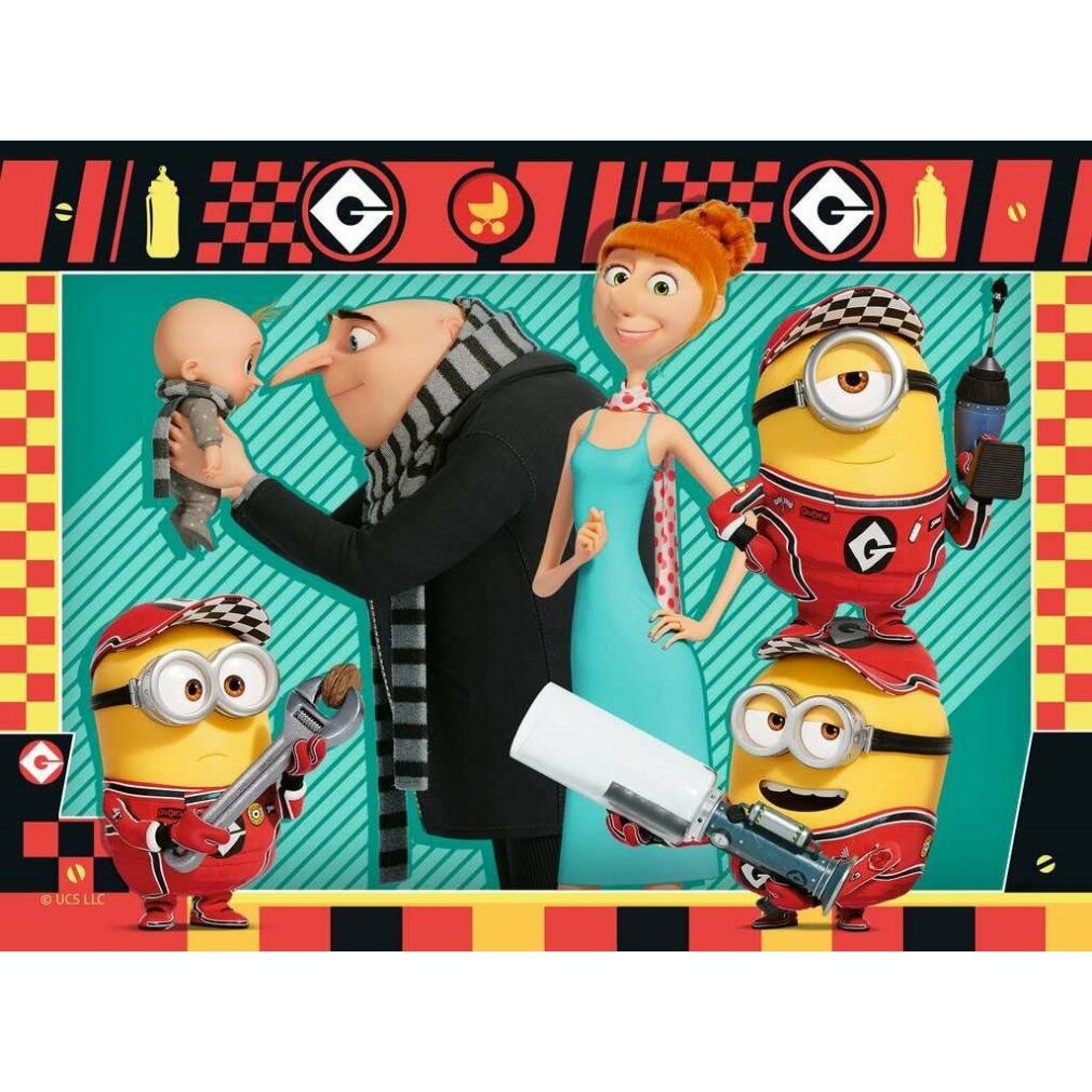 Dettaglio puzzle con Minions e Gru. Personaggi in tute da corsa e Gru con un bambino. Sfondo rosso, nero e verde.