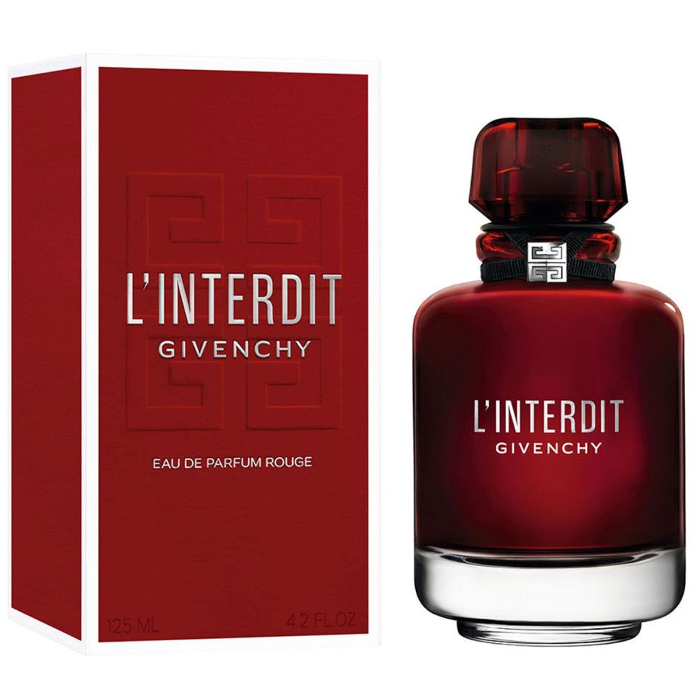 Flacone e scatola Givenchy L'Interdit Eau de Parfum Rouge, di colore rosso.