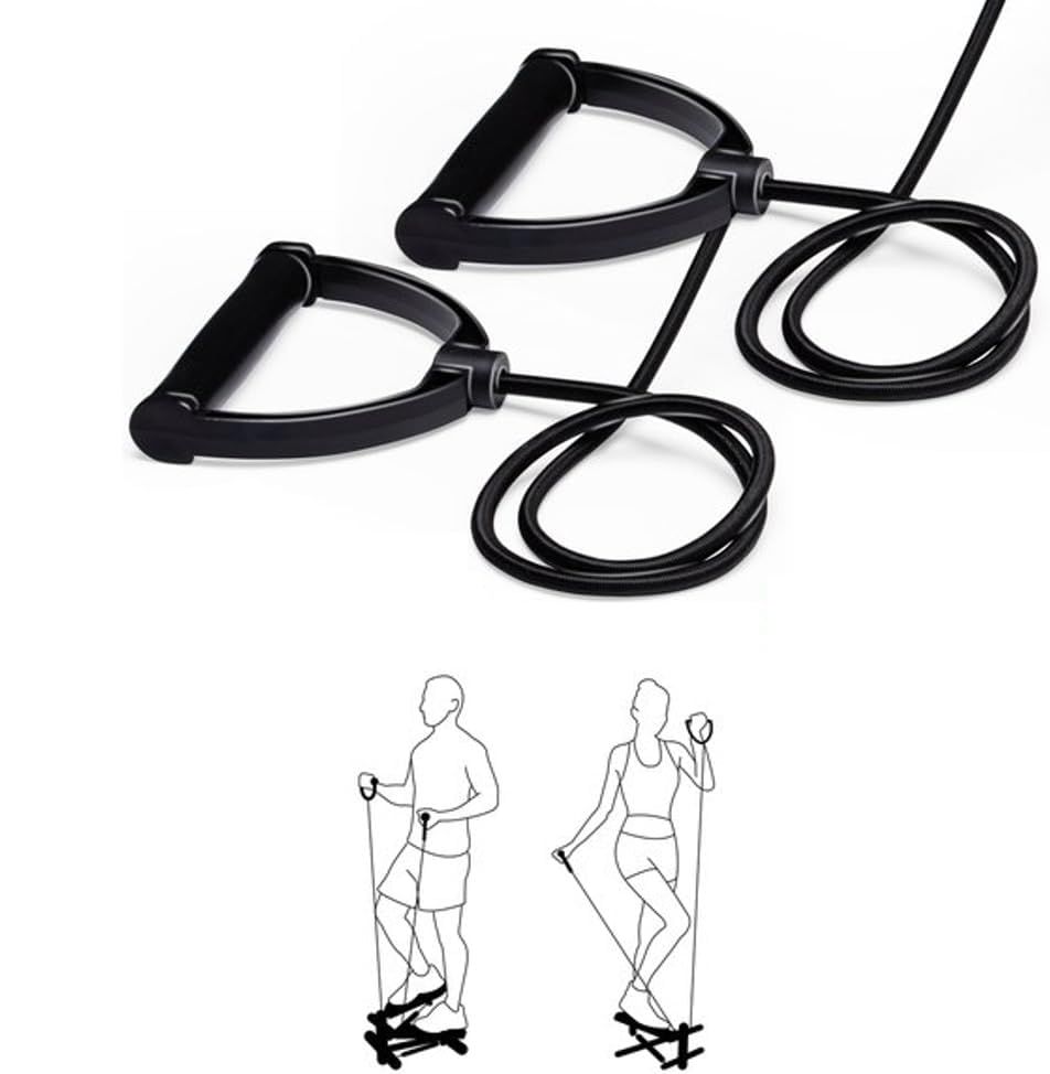 Bande di resistenza nere con maniglie. Illustrazioni che mostrano l'uso del mini stepper con le bande.