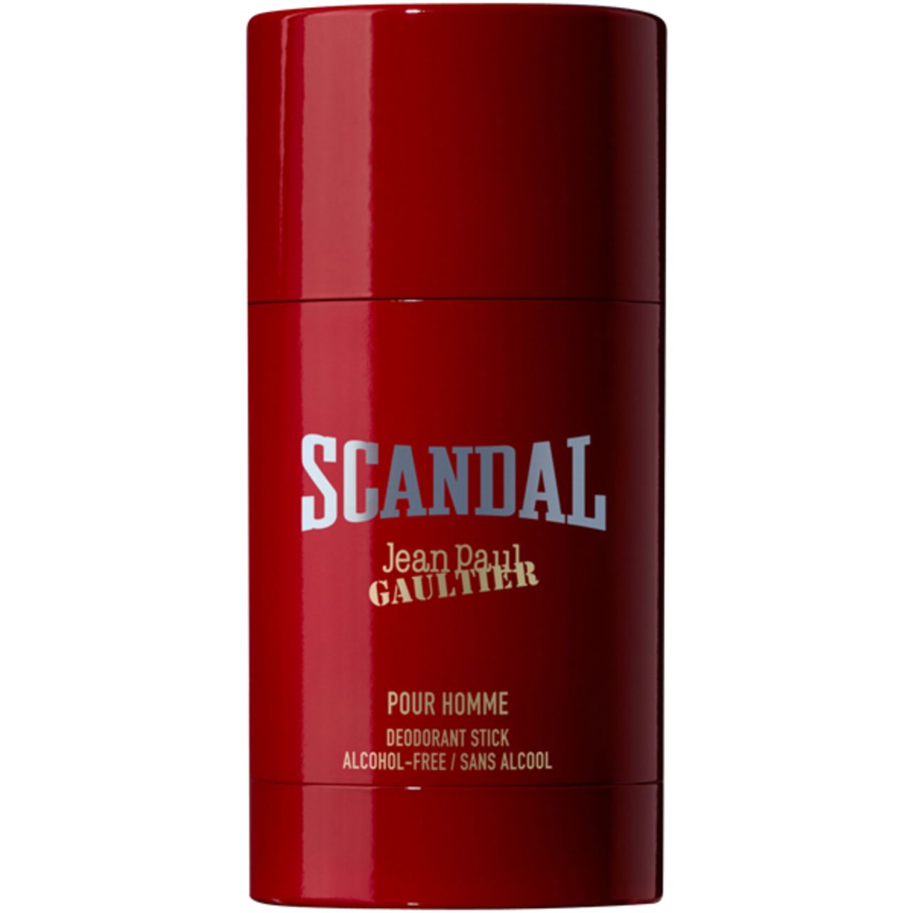 Stick deodorante rosso con scritta SCANDAL, Jean Paul Gaultier. Pour Homme, senza alcool.